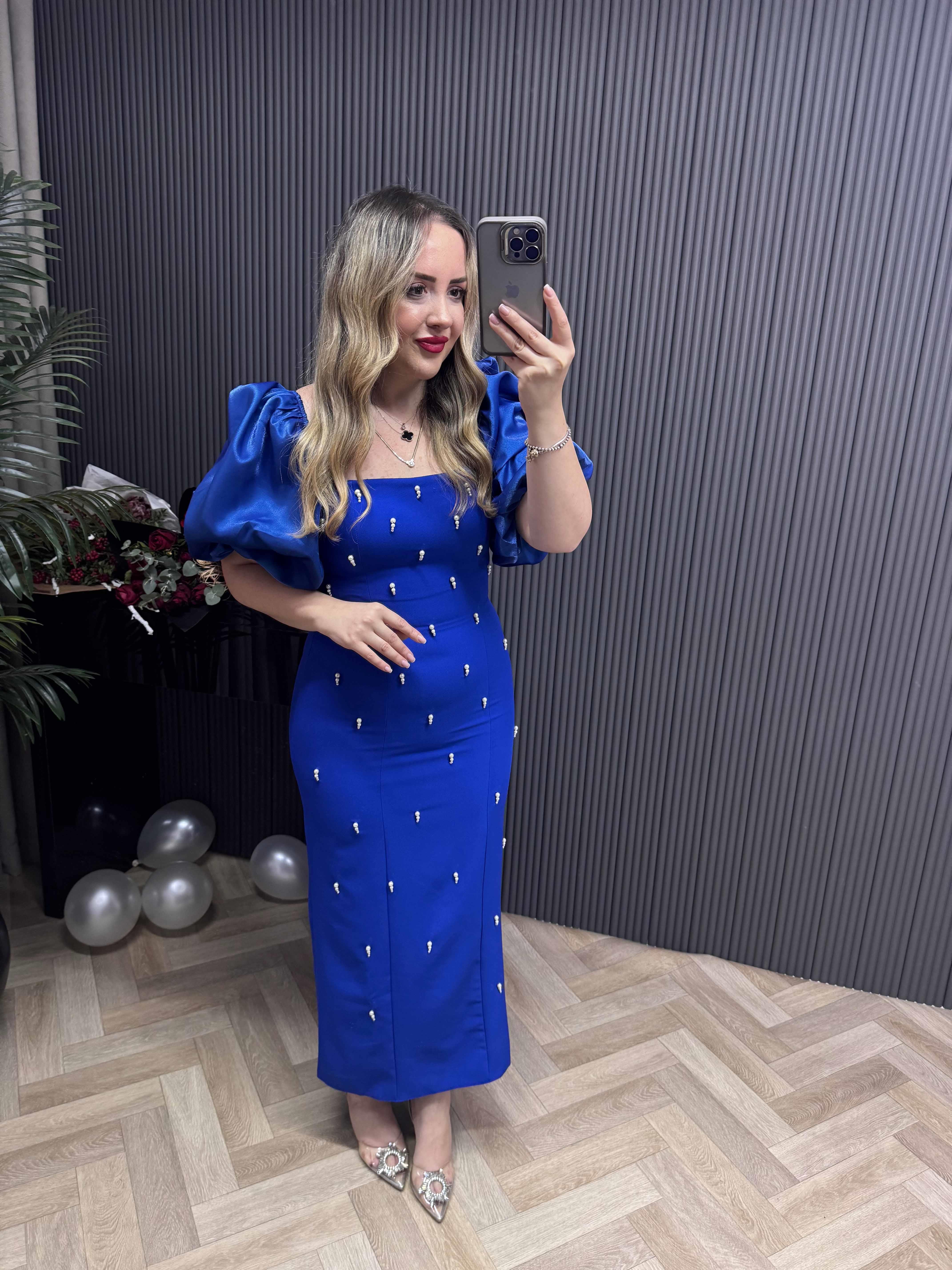 Violet İnci Detay Balon Kol Kalem Elbise Saks Mavisi