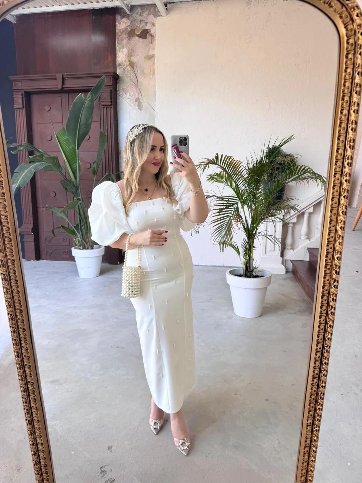 VİOLET İNCİ DETAY BALON KOL KALEM ELBİSE BEYAZ