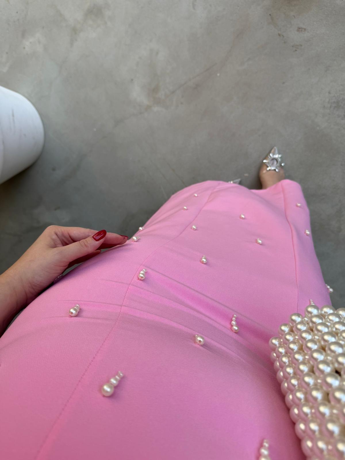 VİOLET İNCİ DETAY BALON KOL KALEM ELBİSE PEMBE