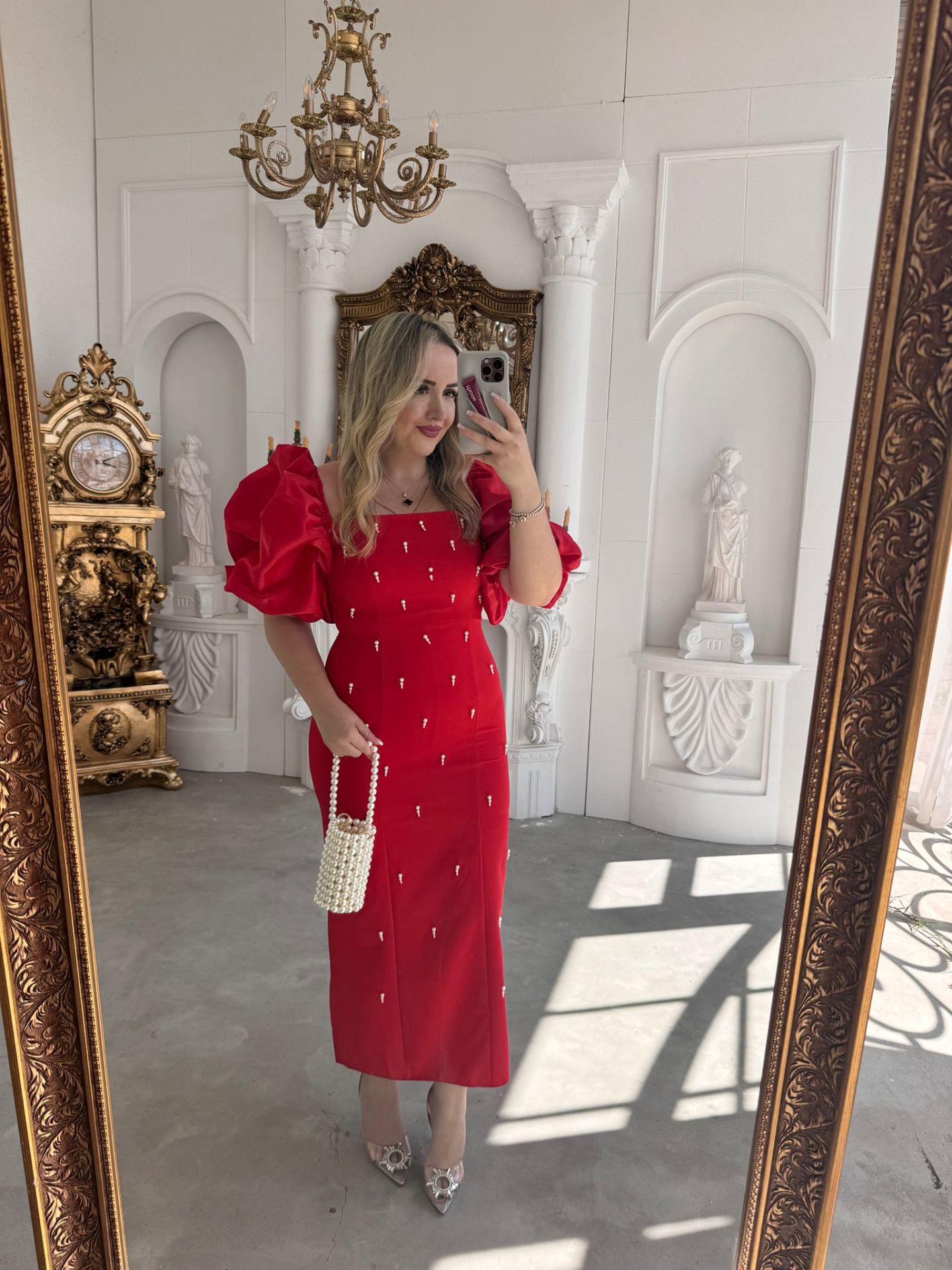 VİOLET İNCİ DETAY BALON KOL KALEM ELBİSE KIRMIZI