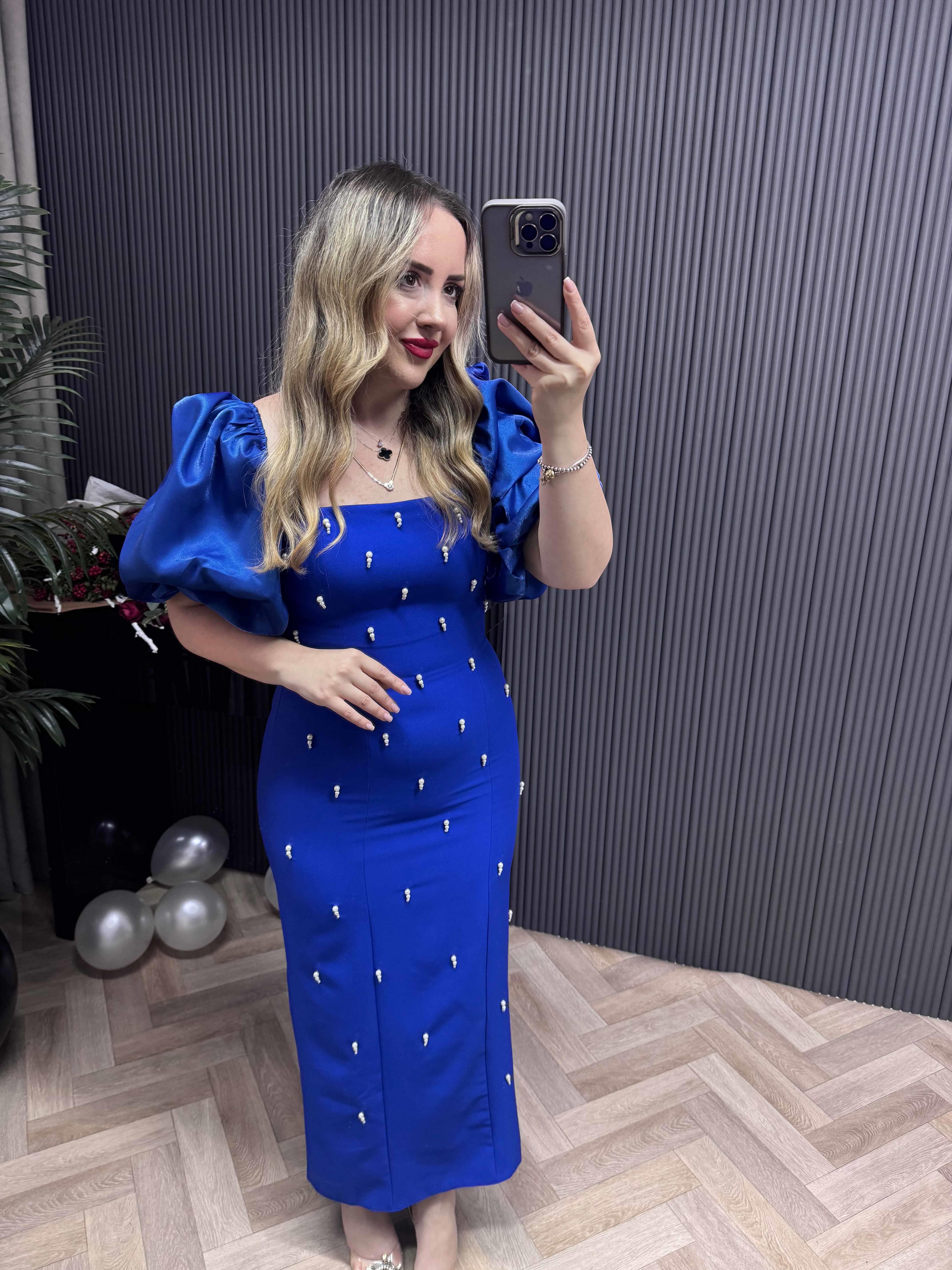 Violet İnci Detay Balon Kol Kalem Elbise Saks Mavisi