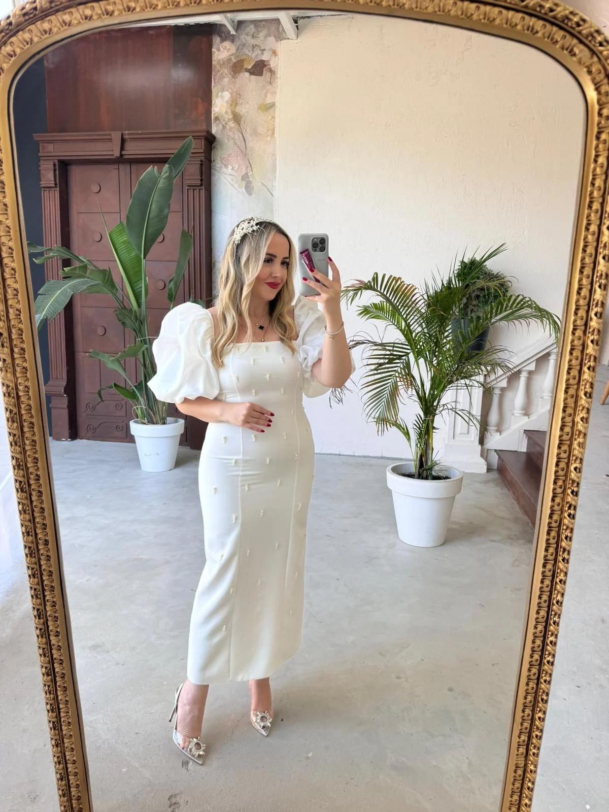 VİOLET İNCİ DETAY BALON KOL KALEM ELBİSE BEYAZ