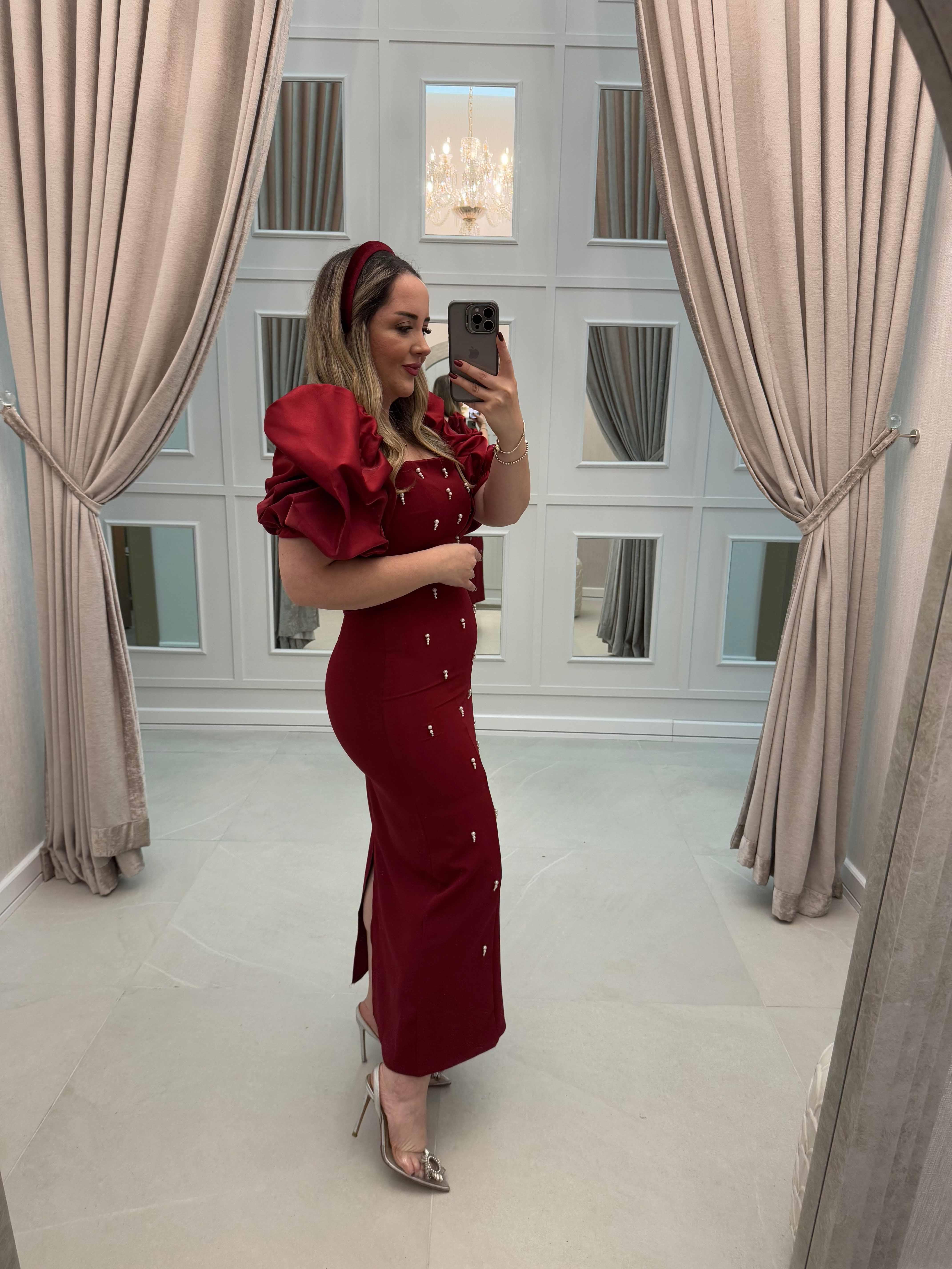 Violet İnci Detay Balon Kol Kalem Elbise Bordo