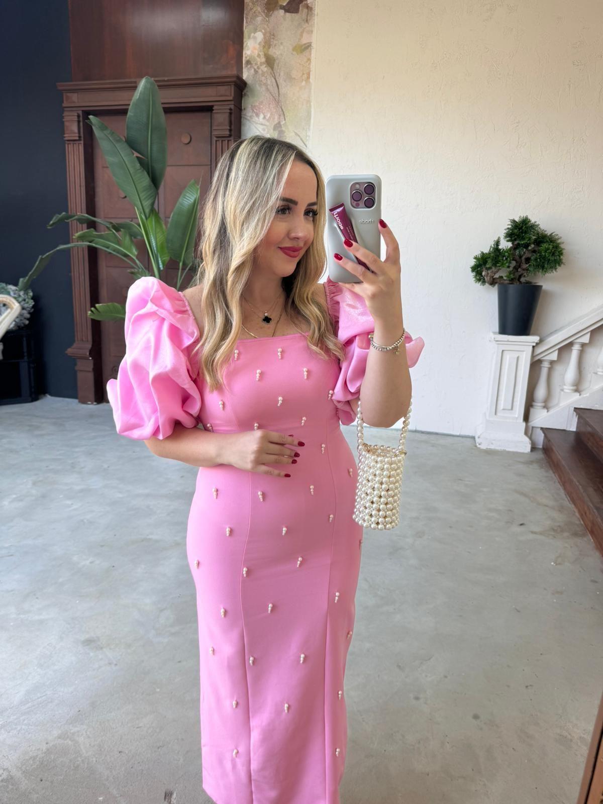 VİOLET İNCİ DETAY BALON KOL KALEM ELBİSE PEMBE