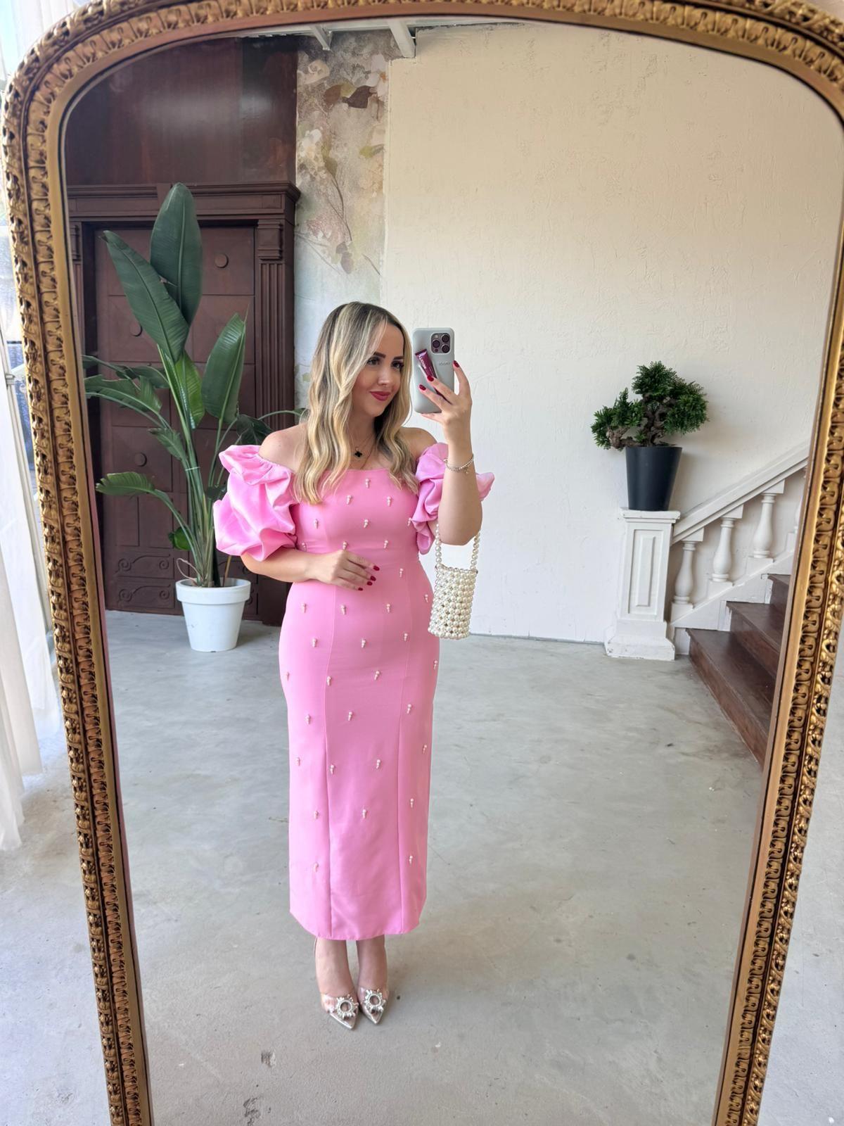 VİOLET İNCİ DETAY BALON KOL KALEM ELBİSE PEMBE