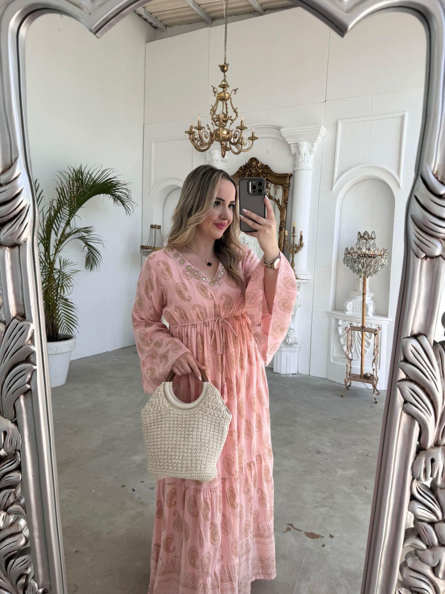 YAKA İŞLEME DETAYLI İSPANYOL KOL İTHAL ELBİSE PEMBE