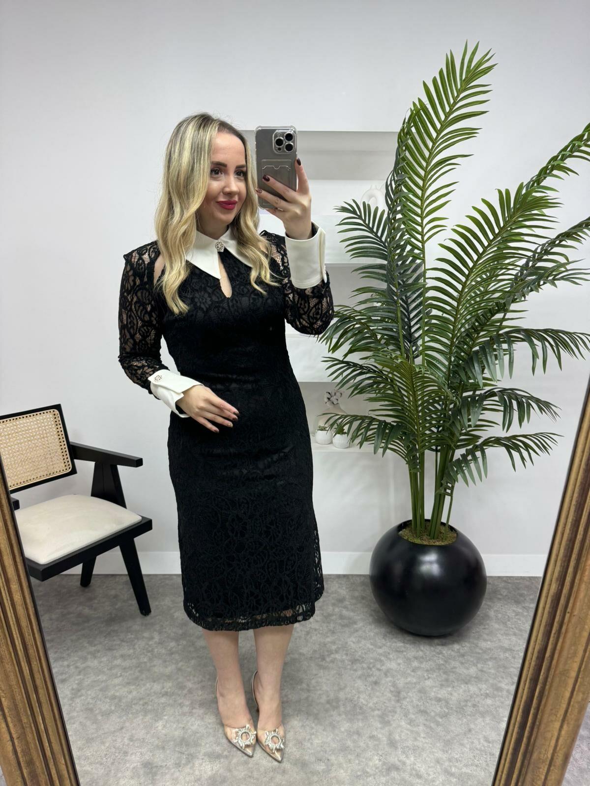 YAKA VE KOL DETAYLI TASARIM ELBİSE SİYAH