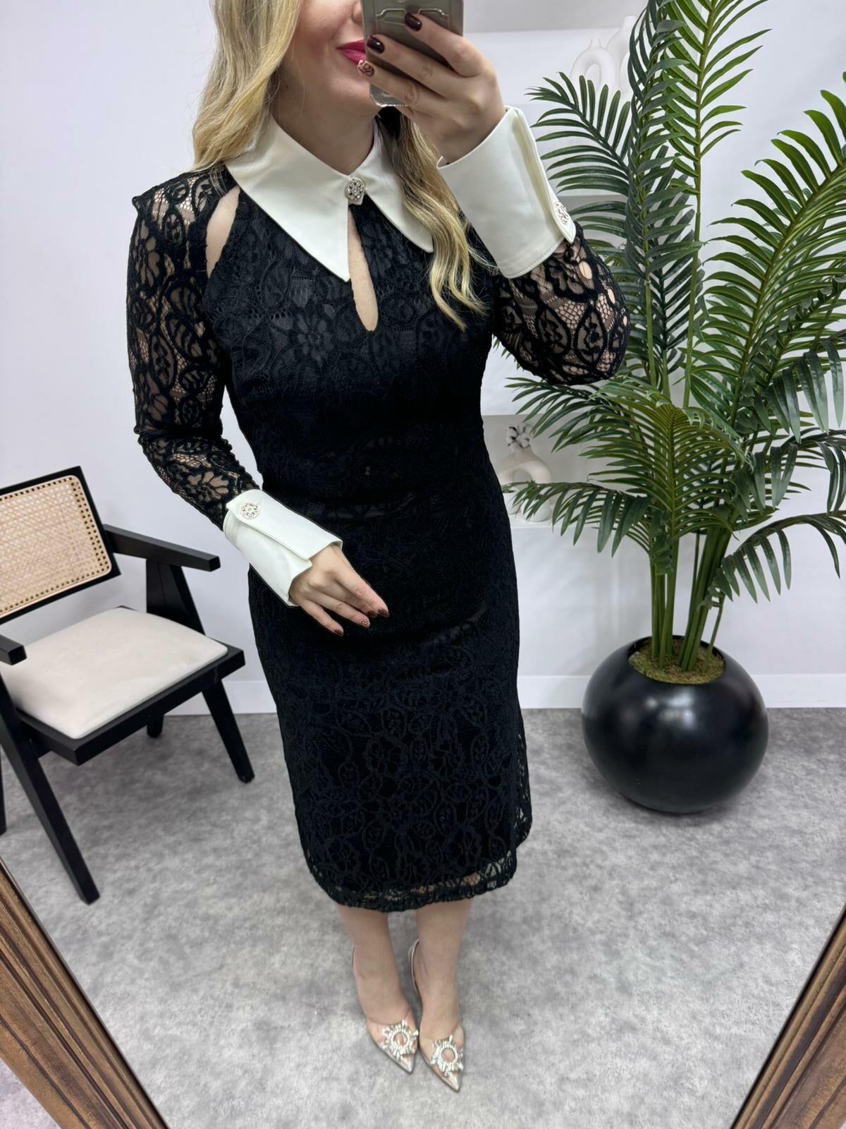 YAKA VE KOL DETAYLI TASARIM ELBİSE SİYAH