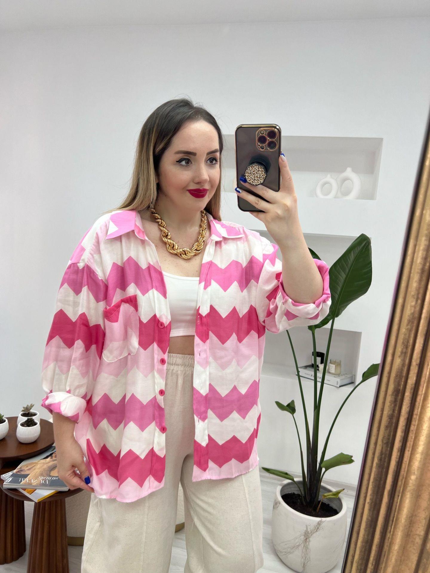 ZİGZAG TENSEL KETEN GÖMLEK PEMBE
