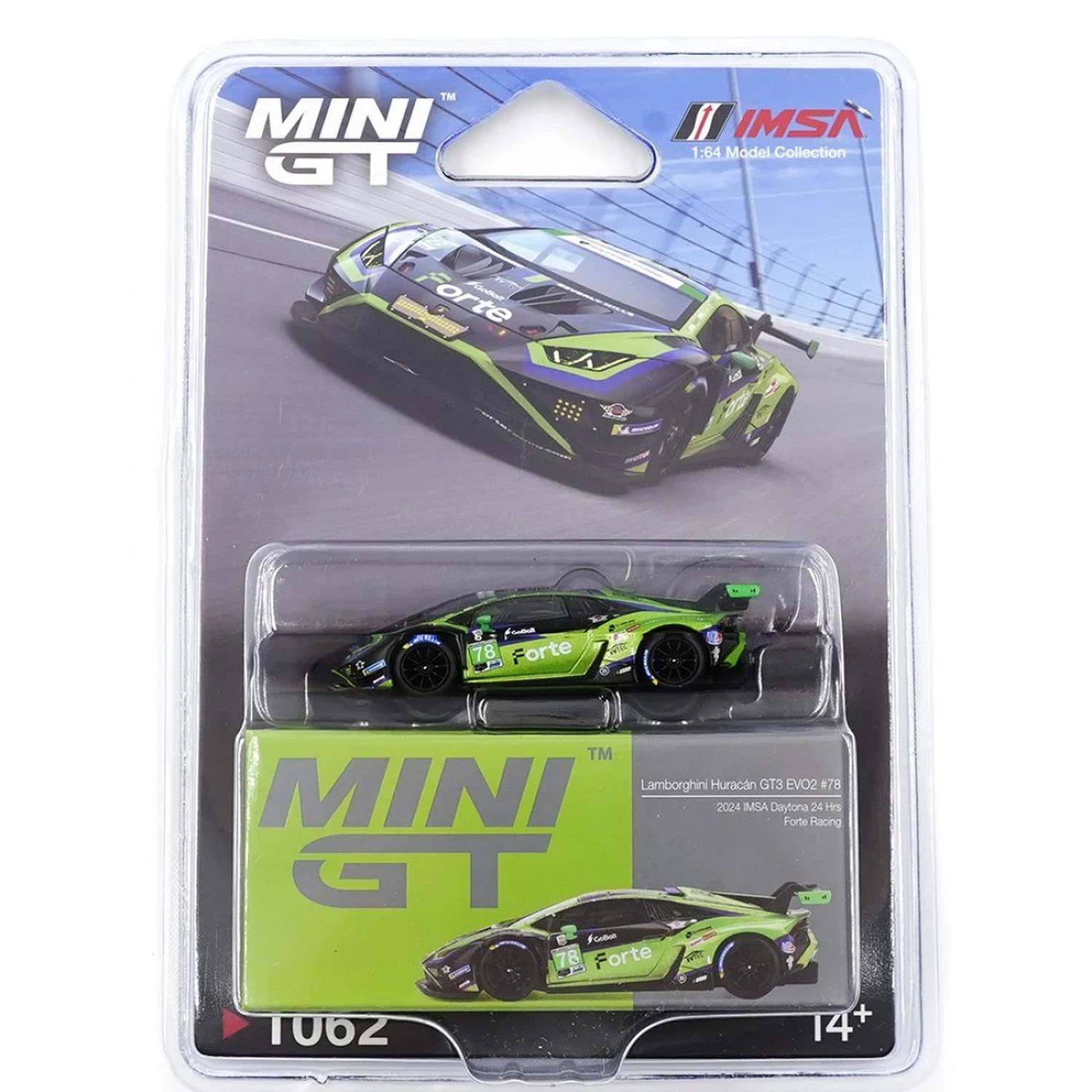Mini GT 1/64 Lamborghini Huracán GT3 EVO2 Forte Racing 2024 IMSA Daytona 24 Hrs - Blister Paket MGT01062-BL