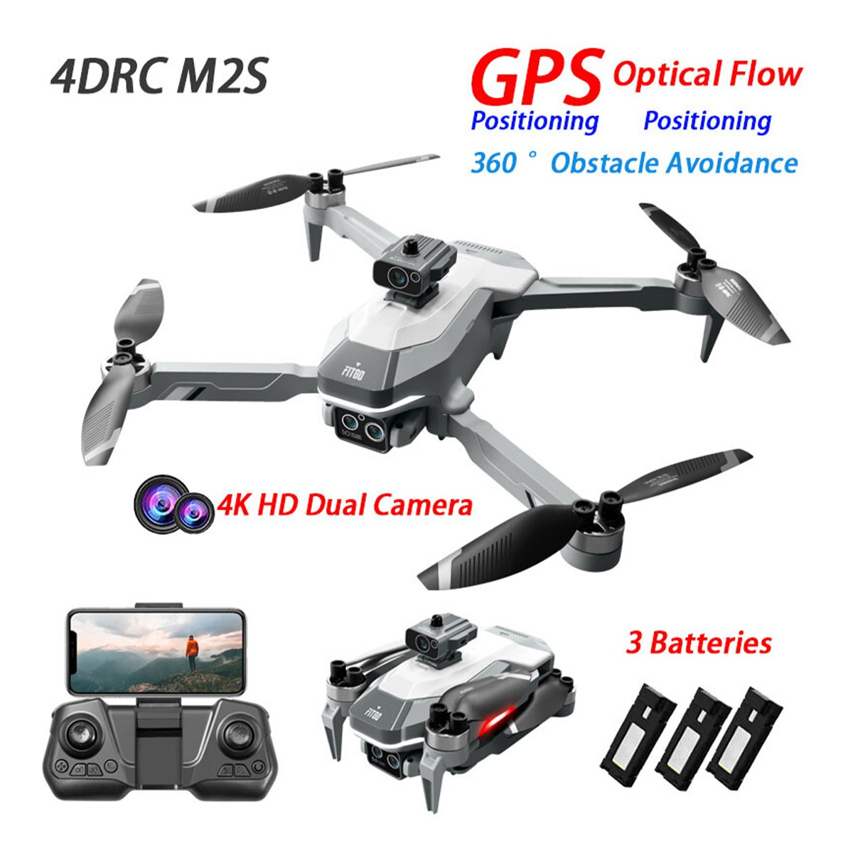 4DRC 4DRC M2S Drone GPS 4K HD Çift Kamera Engelden Kaçınma FPV Dört Pervaneli Drone 3 Batarya