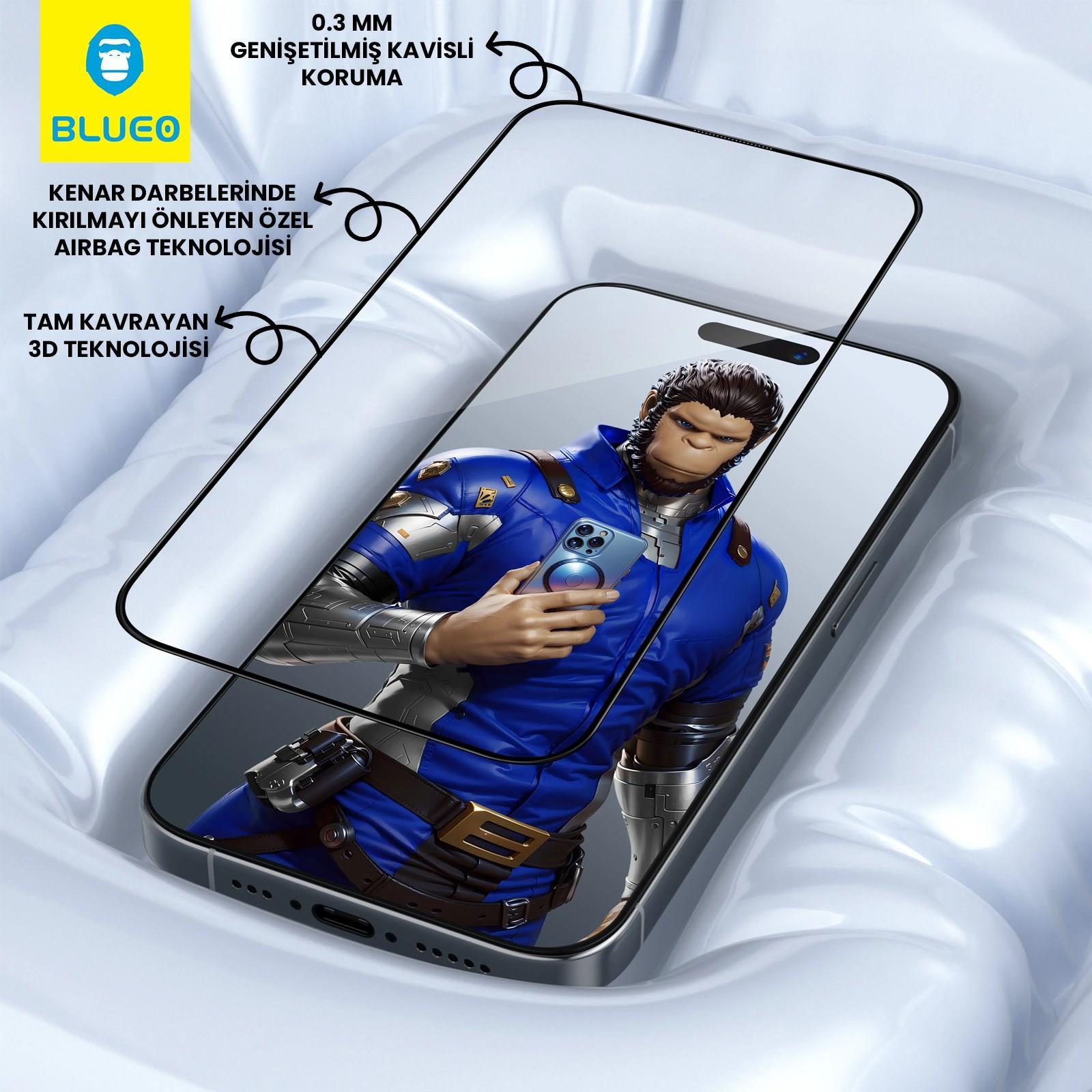 BLUEO Blueo 3D Airbag iPhone 15 Pro Max Uyumlu Kenar Darbelere Dirençli Aparatlı Tam Kavrayan Cam Ekran Koruyucu