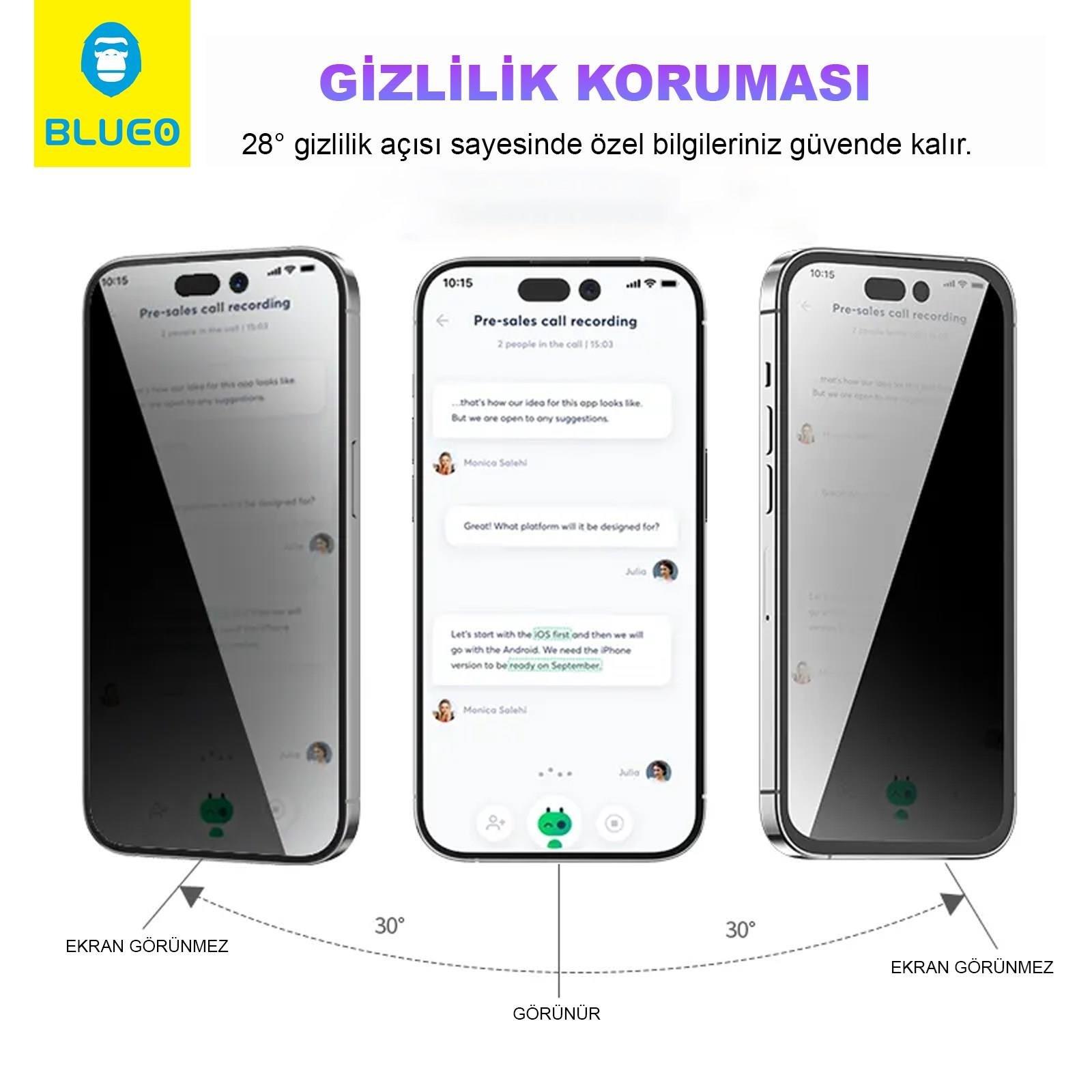 BLUEO Blueo Anti-Peep Privacy iPhone 16E Uyumlu Hayalet Full Cam Ekran Koruyucu Göz Yormayan HD Görüntü