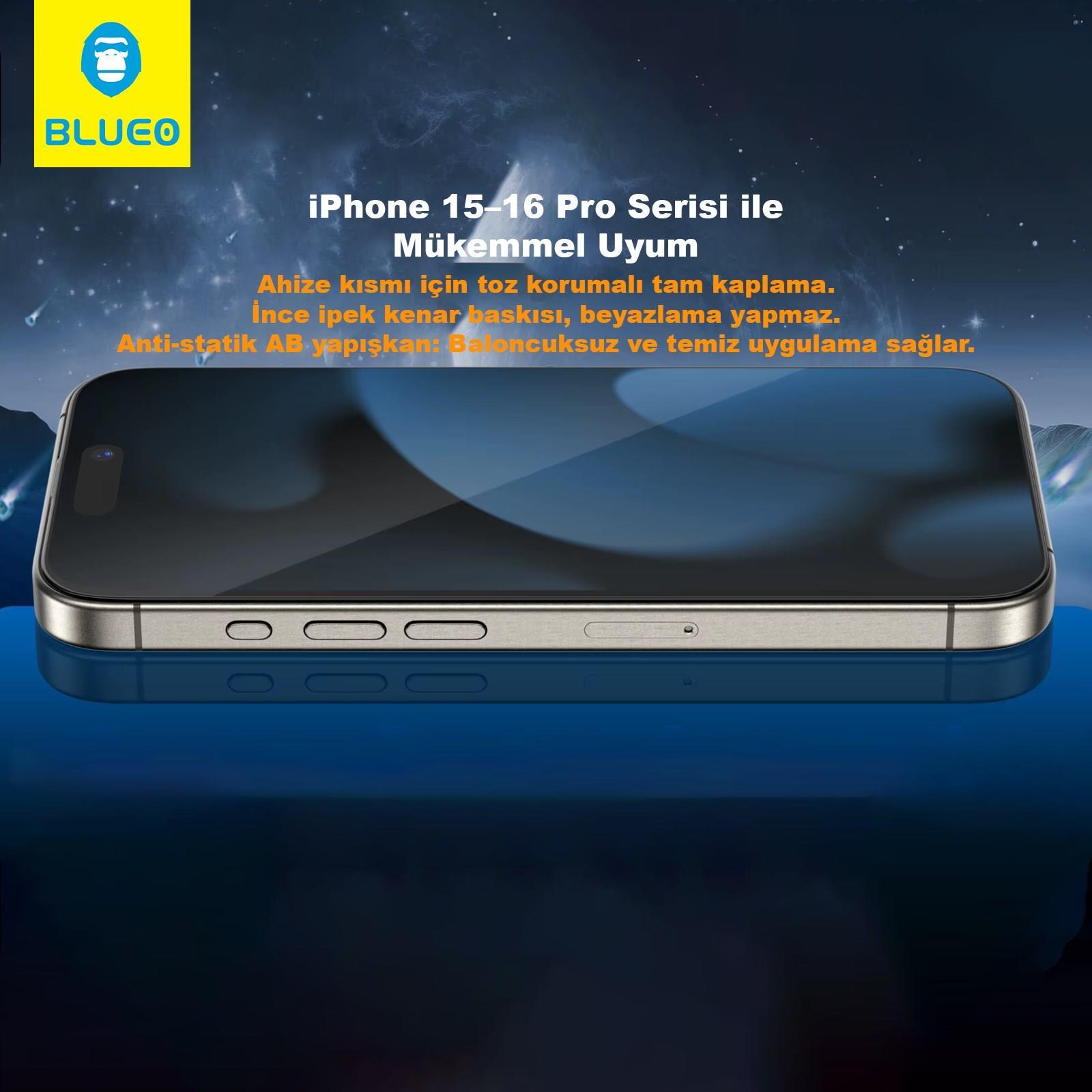 BLUEO Blueo Crystal iPhone 16 Pro Max Uyumlu 7 MOhs Sertlik 3 Kat Çizilmeye Dayanıklı Cam Ekran Koruyucu Aparat