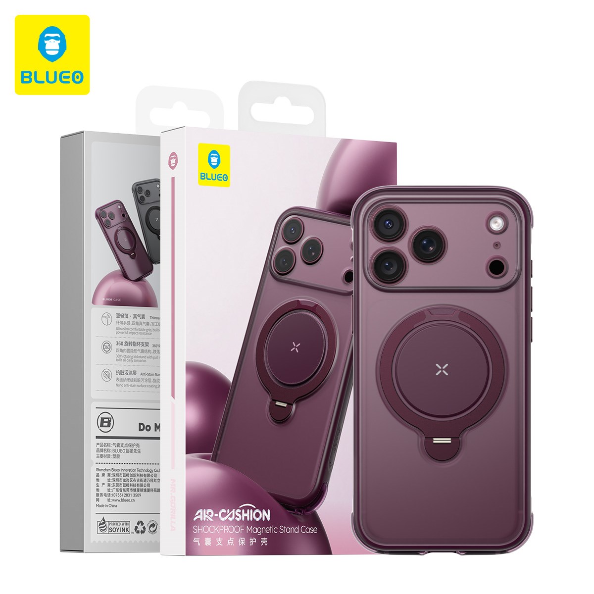 BLUEO Blueo iPhone 17 Pro Max / 18 Pro Max Uyumlu Air-Cushion Shockproof Magnetic Stand Case