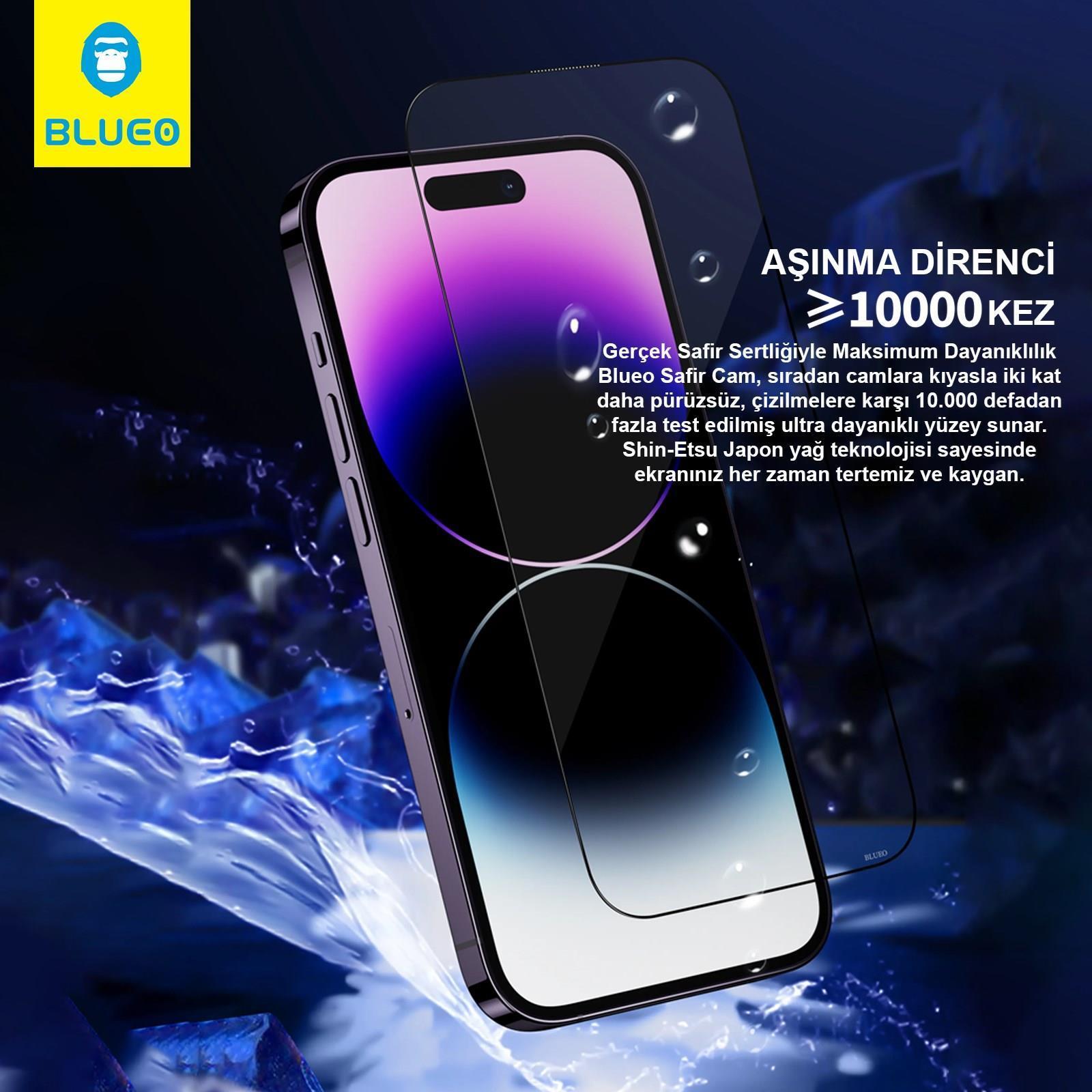 BLUEO Blueo Sapphire 3D Curved iPhone 15 Pro Uyumlu Uygulama Aparatlı 9 MOhs %99.99 Orijinal Safir Ekran Koruyucu
