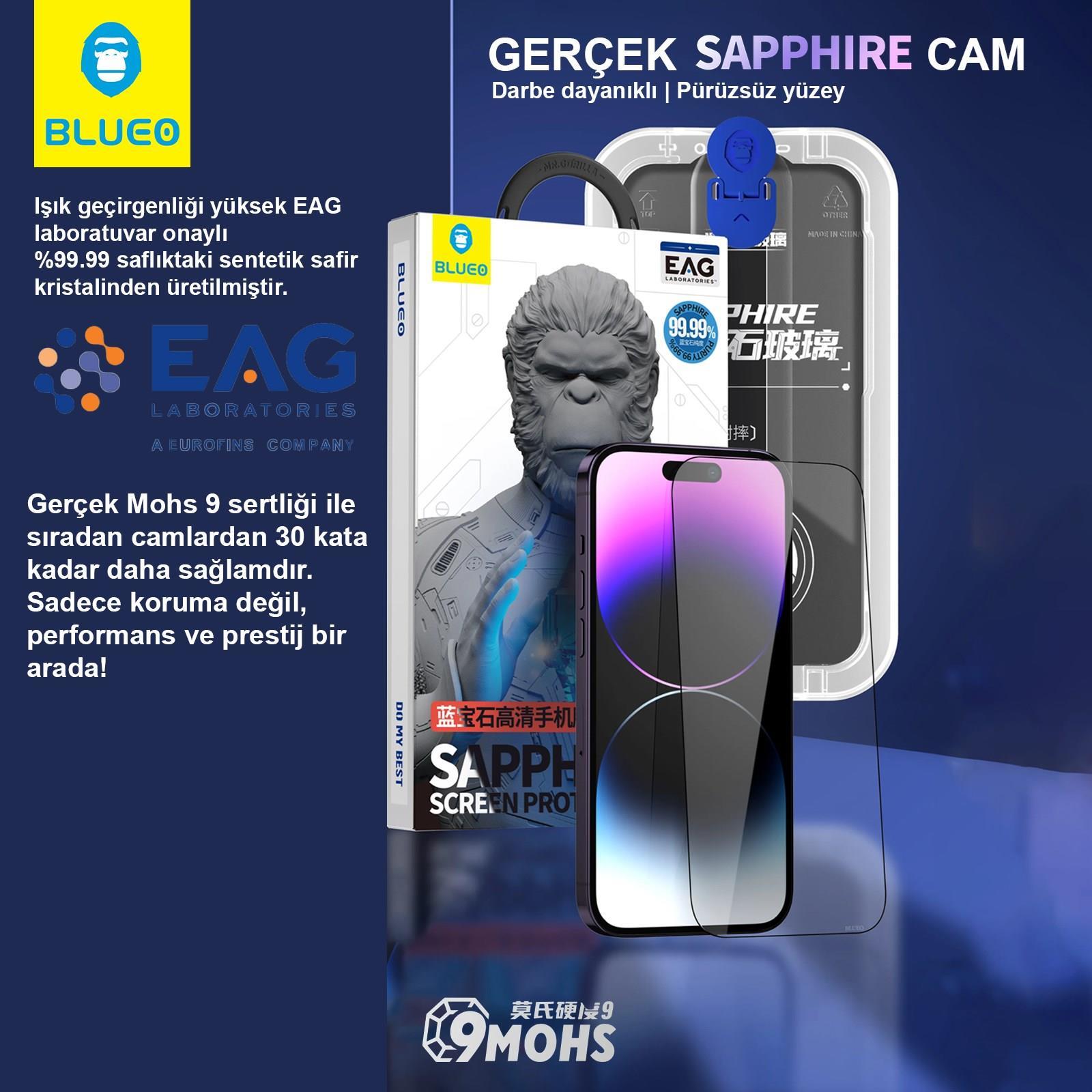 BLUEO Blueo Sapphire iPhone 14 Pro Max Uyumlu Uygulama Aparatlı 9 MOhs %99.99 Orijinal Safir Ekran Koruyucu