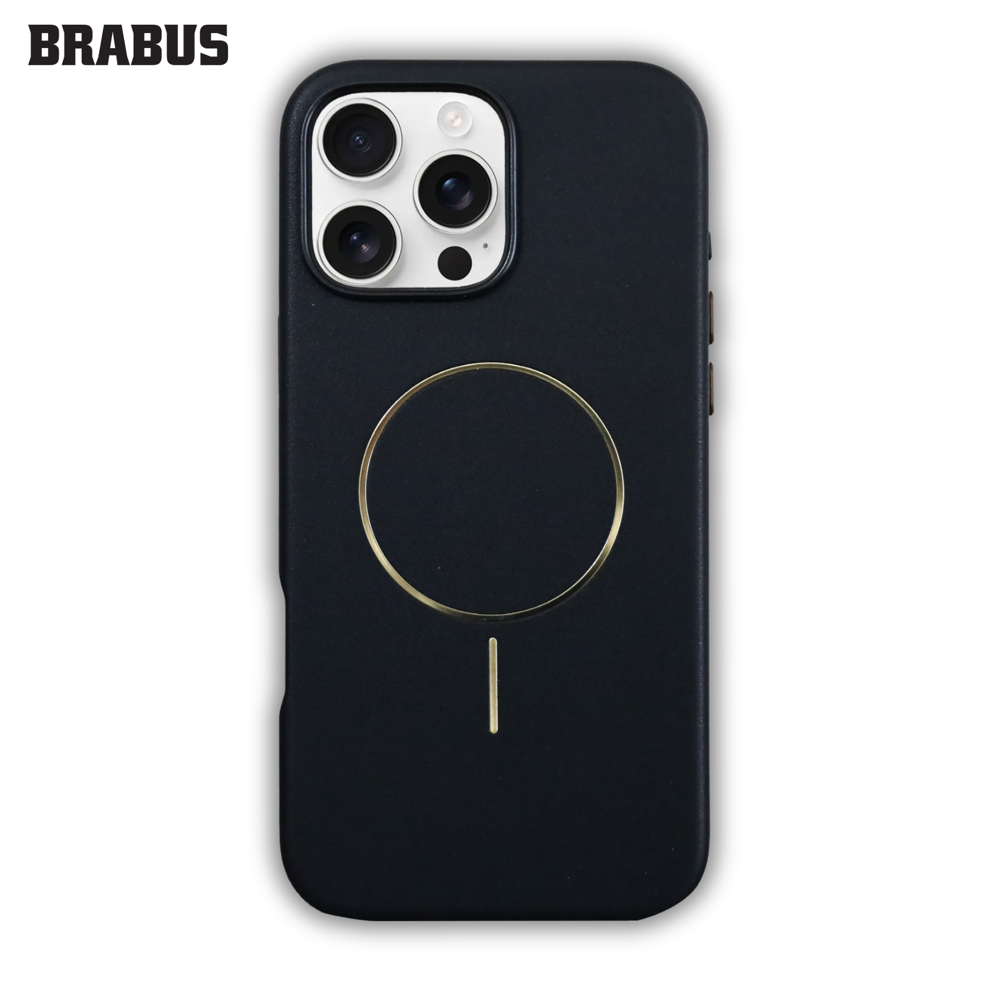 BRABUS iPhone 15 Pro Max Gold MagSafe Detaylı Deri Görünümlü içi Kadife Tax Silikon Kılıf 