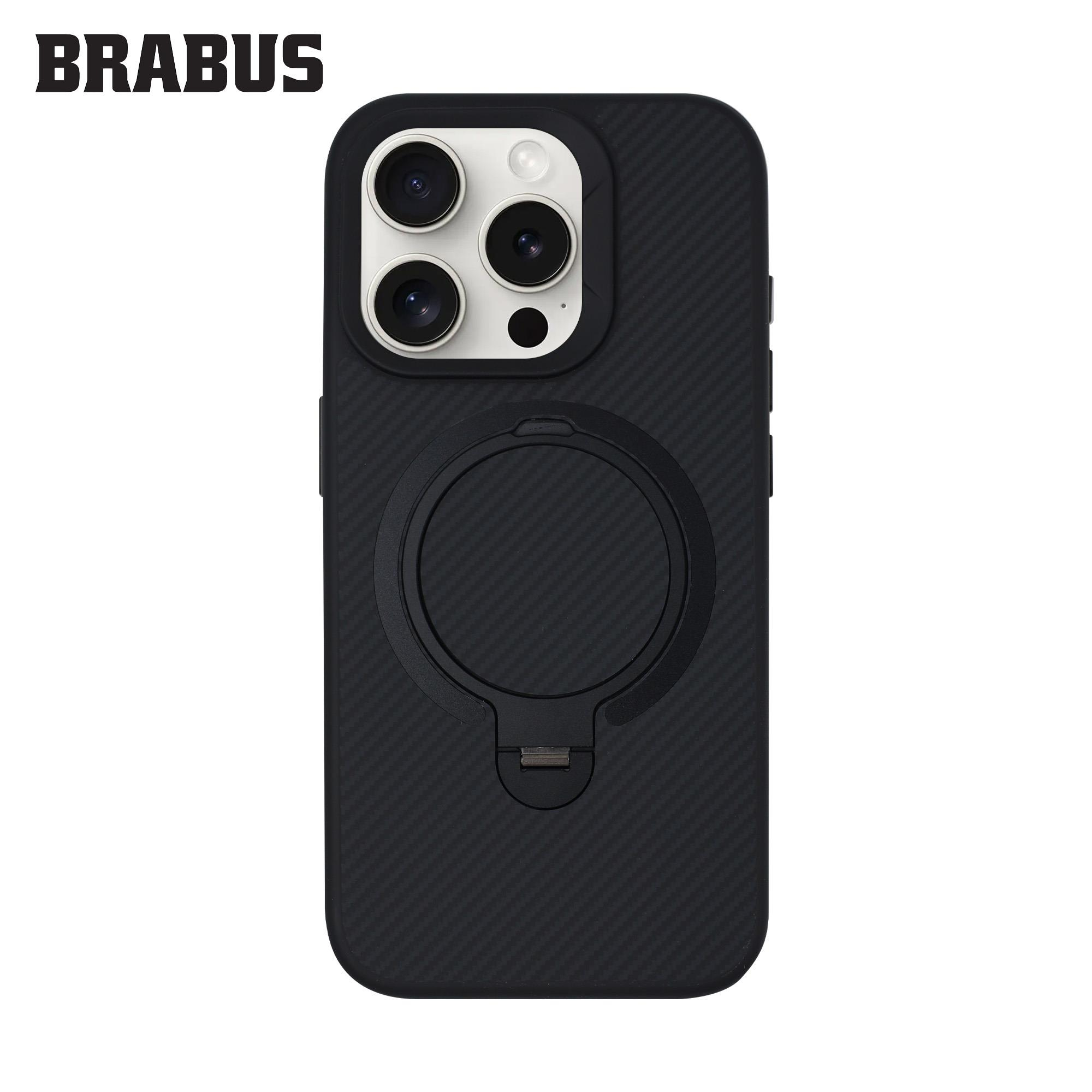 BRABUS iPhone 15 Pro Max MagSafe Özellikli Karbon Fiber Kaplamalı Metal Standlı Anti-Shock Urban Silikon Kılıf
