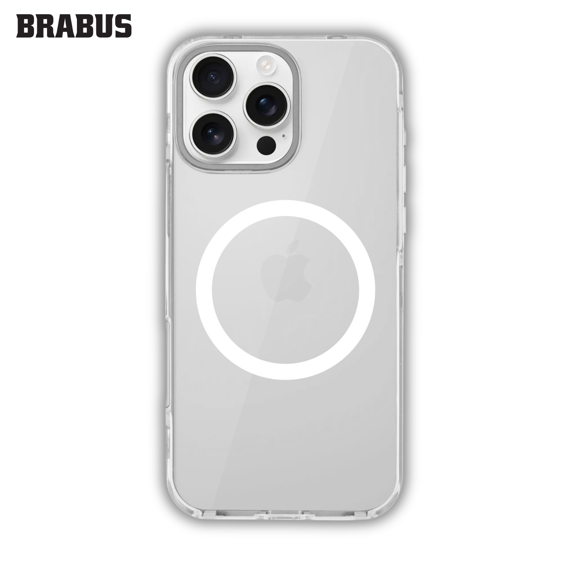 BRABUS iPhone 16 Pro Max Çift Parça Kilitleme Mekanizmalı Kenarları Renkli Metal Arkası Şeffaf Silikon Tyga Kılıf