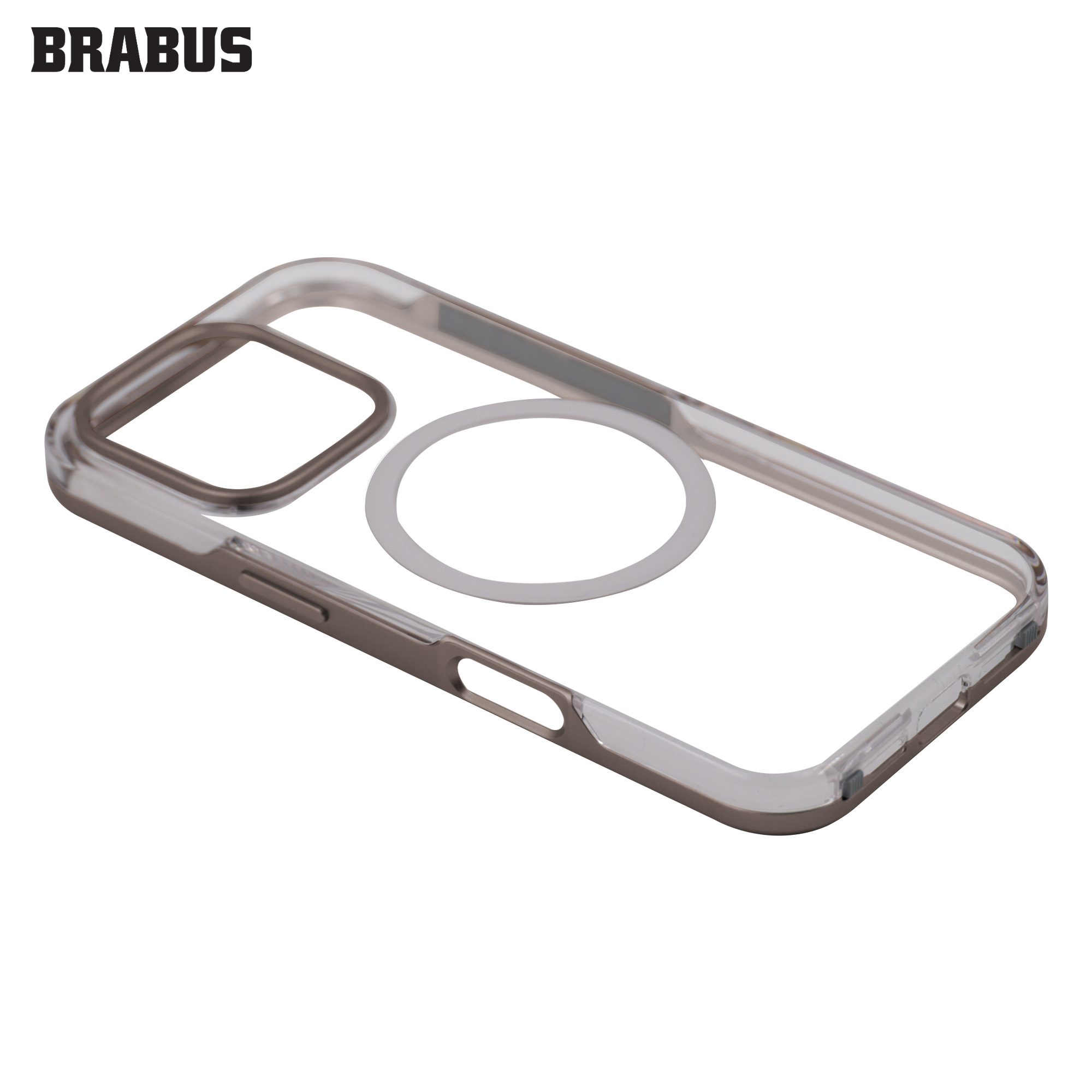 BRABUS iPhone 16 Pro Max Çift Parça Kilitleme Mekanizmalı Kenarları Renkli Metal Arkası Şeffaf Silikon Tyga Kılıf