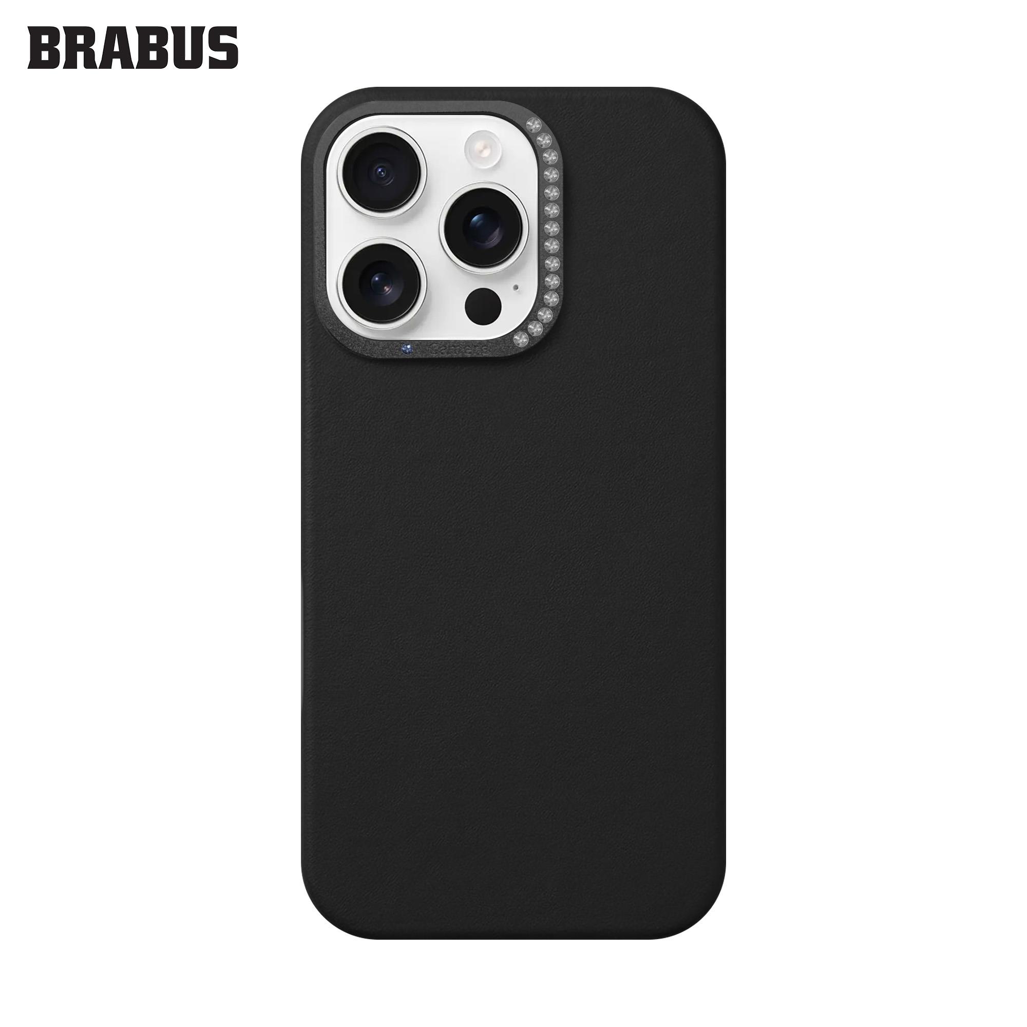 BRABUS iPhone 16 Pro Max Gizli MagSafe Özellikli içi Kadife Deri Görünümlü Kamera Kısmı Taşlı Silikon Pearl Kılıf