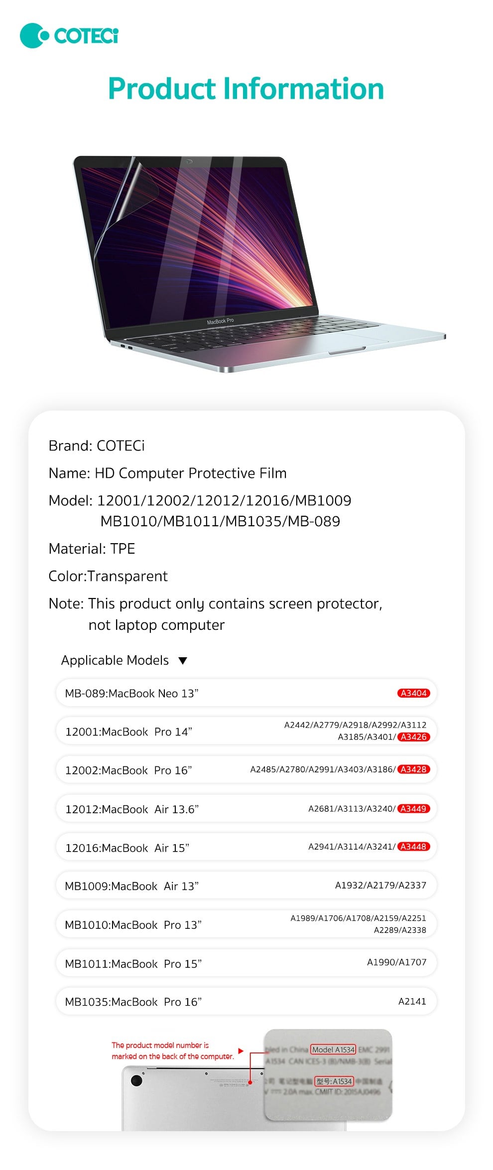 COTECi COTECi 2023 Macbook Air 15.3 HD Bilgisayar koruyucu film A2941