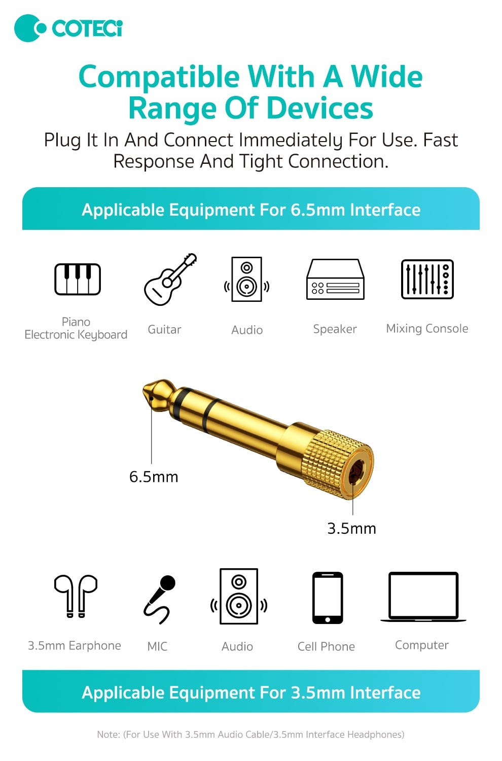 COTECi COTECi 3,5 mm erkek 6,5 mm dişi dönüştürme başlığı (altın kaplama başlık)