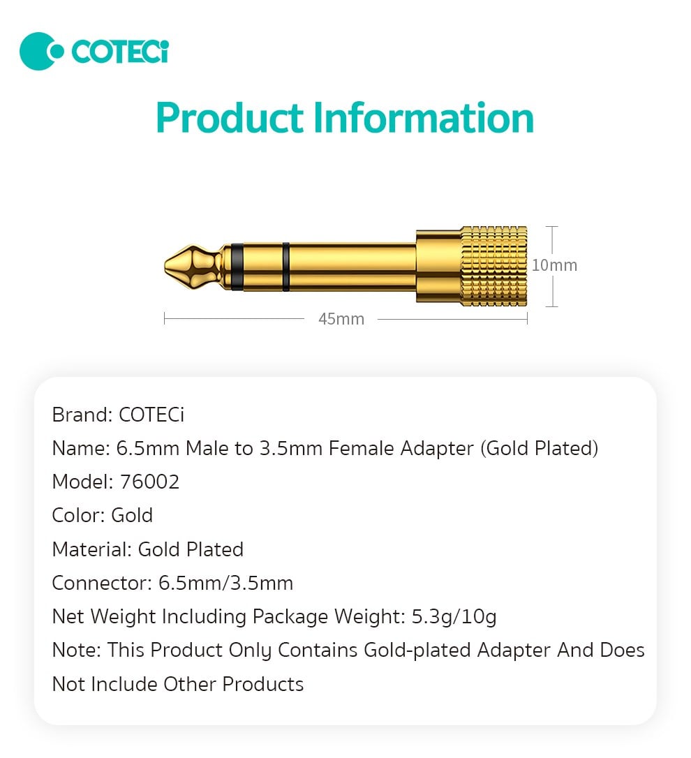 COTECi COTECi 3,5 mm erkek 6,5 mm dişi dönüştürme başlığı (altın kaplama başlık)