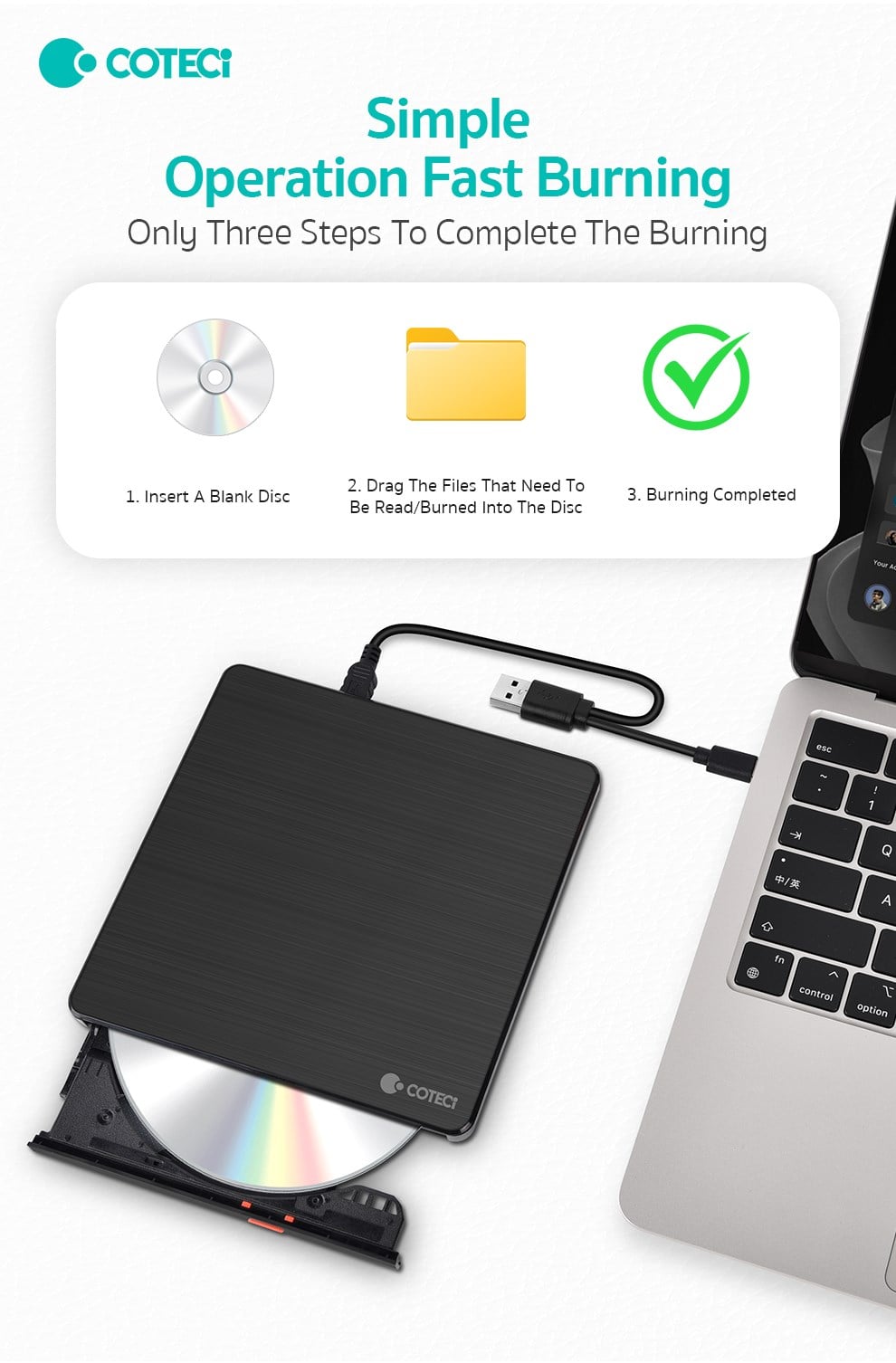 COTECi COTECi Çift Bağlantılı USB 2.0 Type-C Harici DVD RW Yazıcı