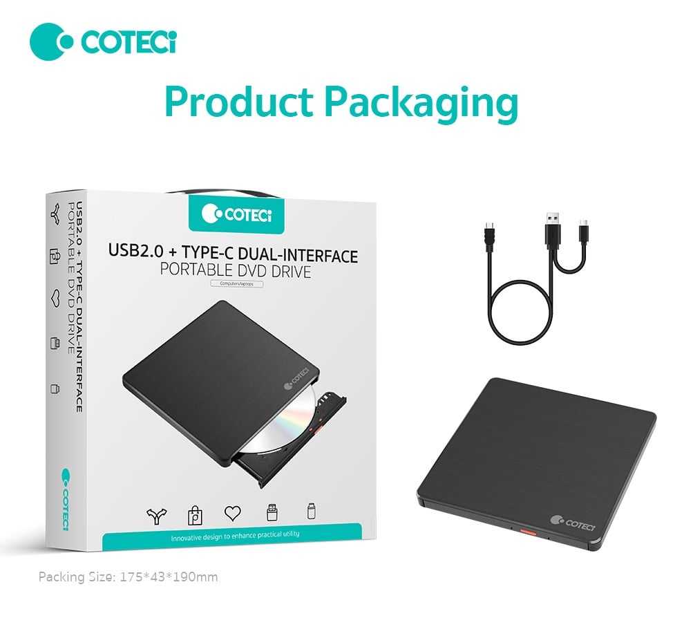 COTECi COTECi Çift Bağlantılı USB 2.0 Type-C Harici DVD RW Yazıcı