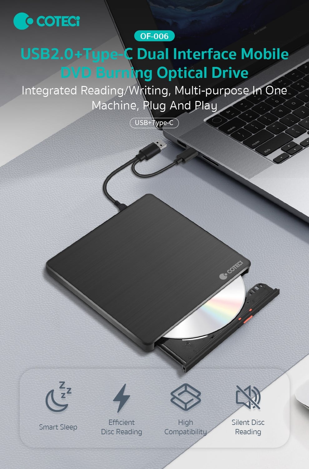 COTECi COTECi Çift Bağlantılı USB 2.0 Type-C Harici DVD RW Yazıcı