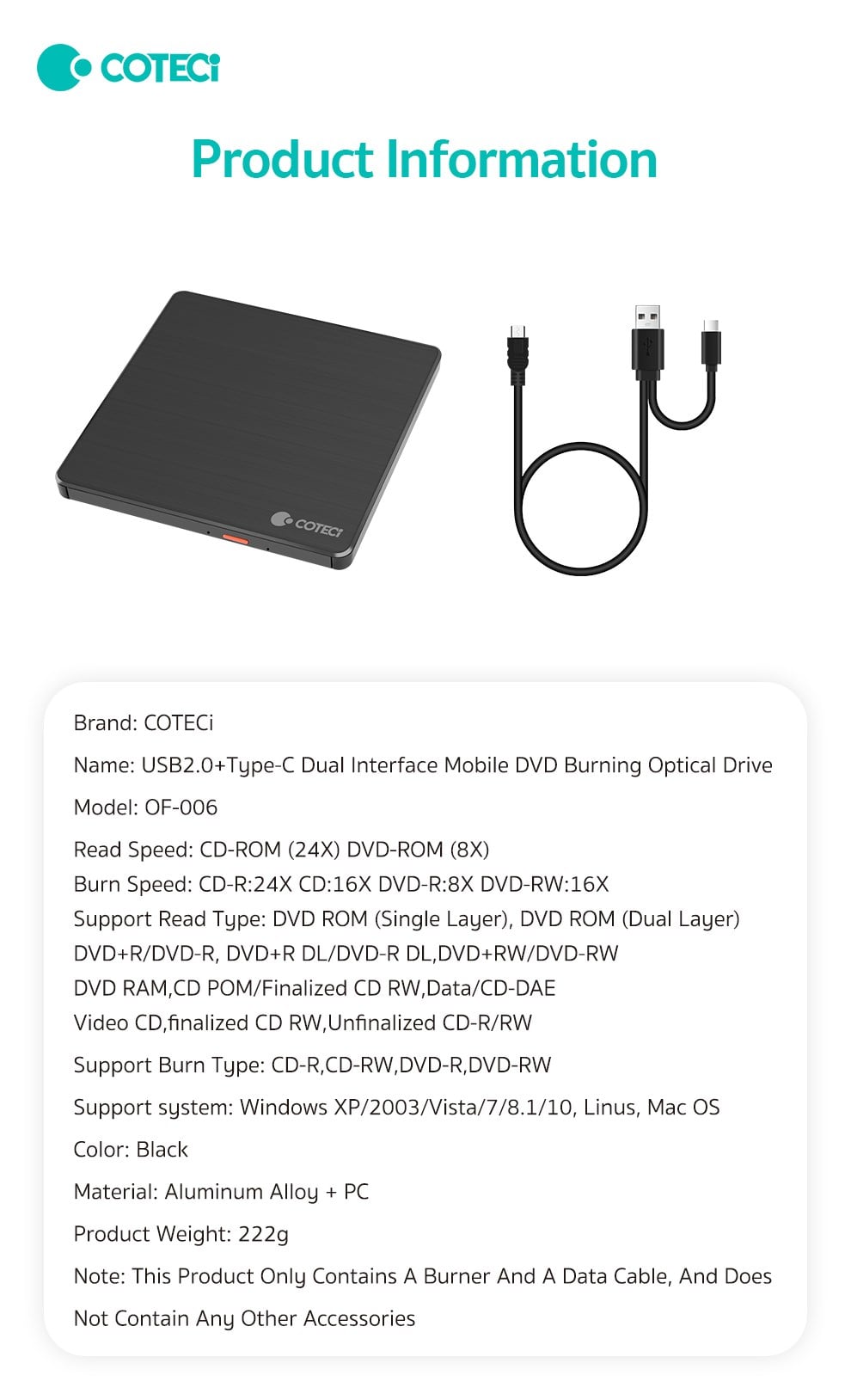 COTECi COTECi Çift Bağlantılı USB 2.0 Type-C Harici DVD RW Yazıcı