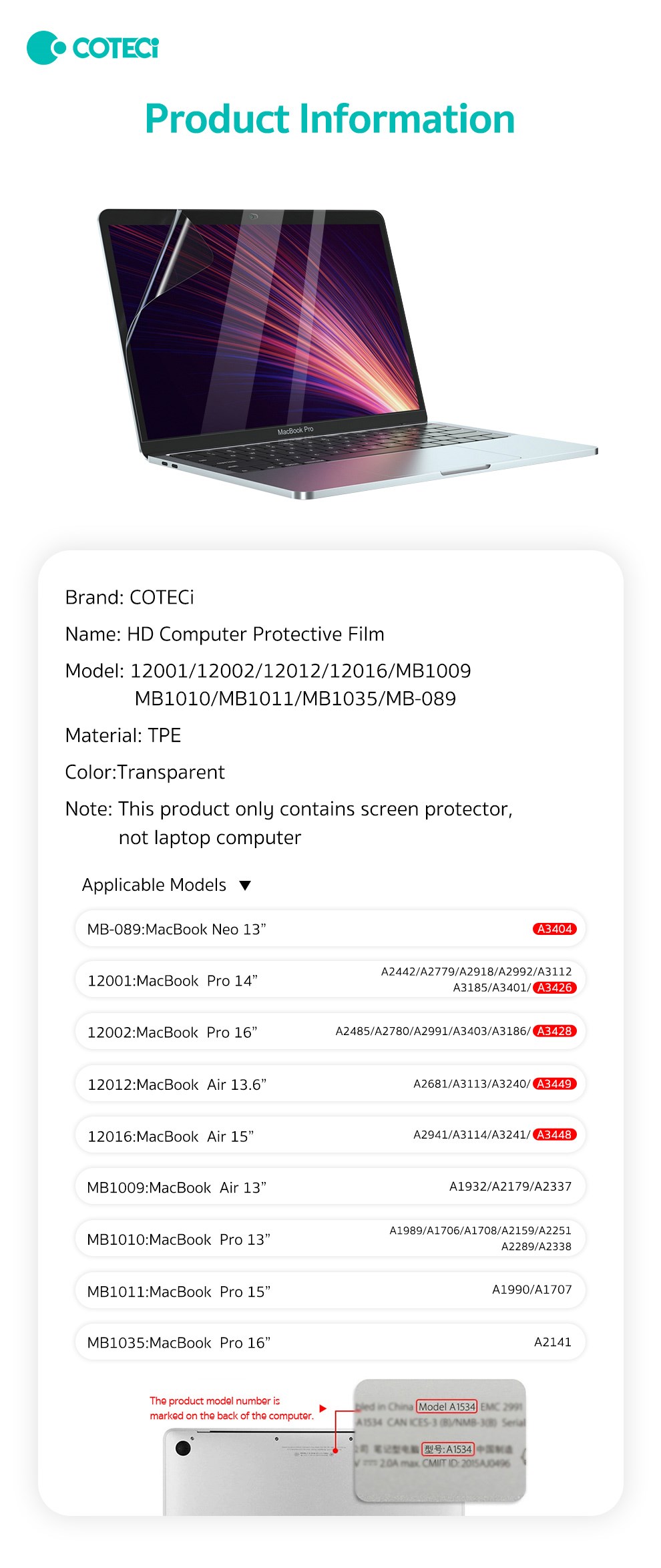 COTECi COTECi MacBook 13 Pro HD Ekran Koruyucu Film Şeffaf Çizilmeye Dayanıklı