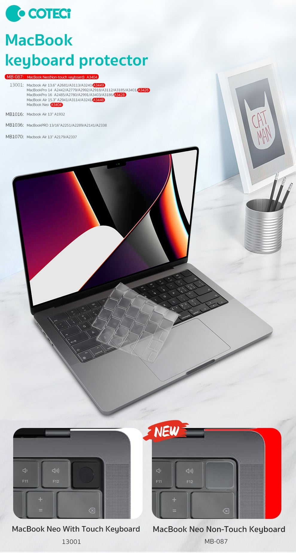 COTECi COTECi MacBook Pro M1 14/16 & MacBook Air 13.6/15.3 Silikon Klavye Koruyucu