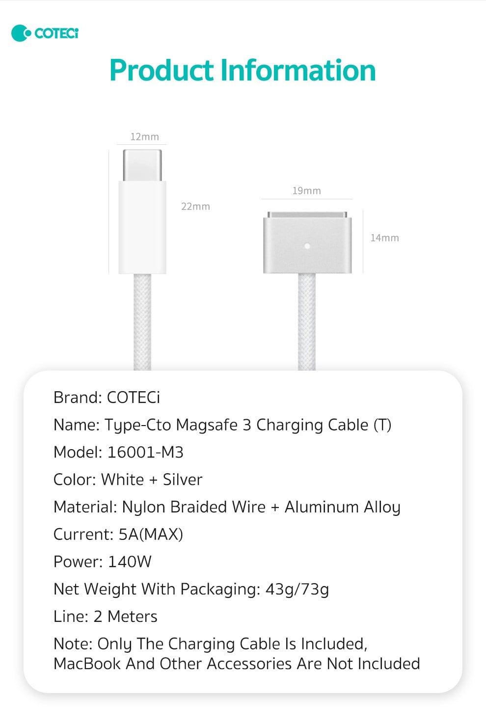 COTECi COTECi MacBook USB-C Hızlı Şarj ve Data Kablosu