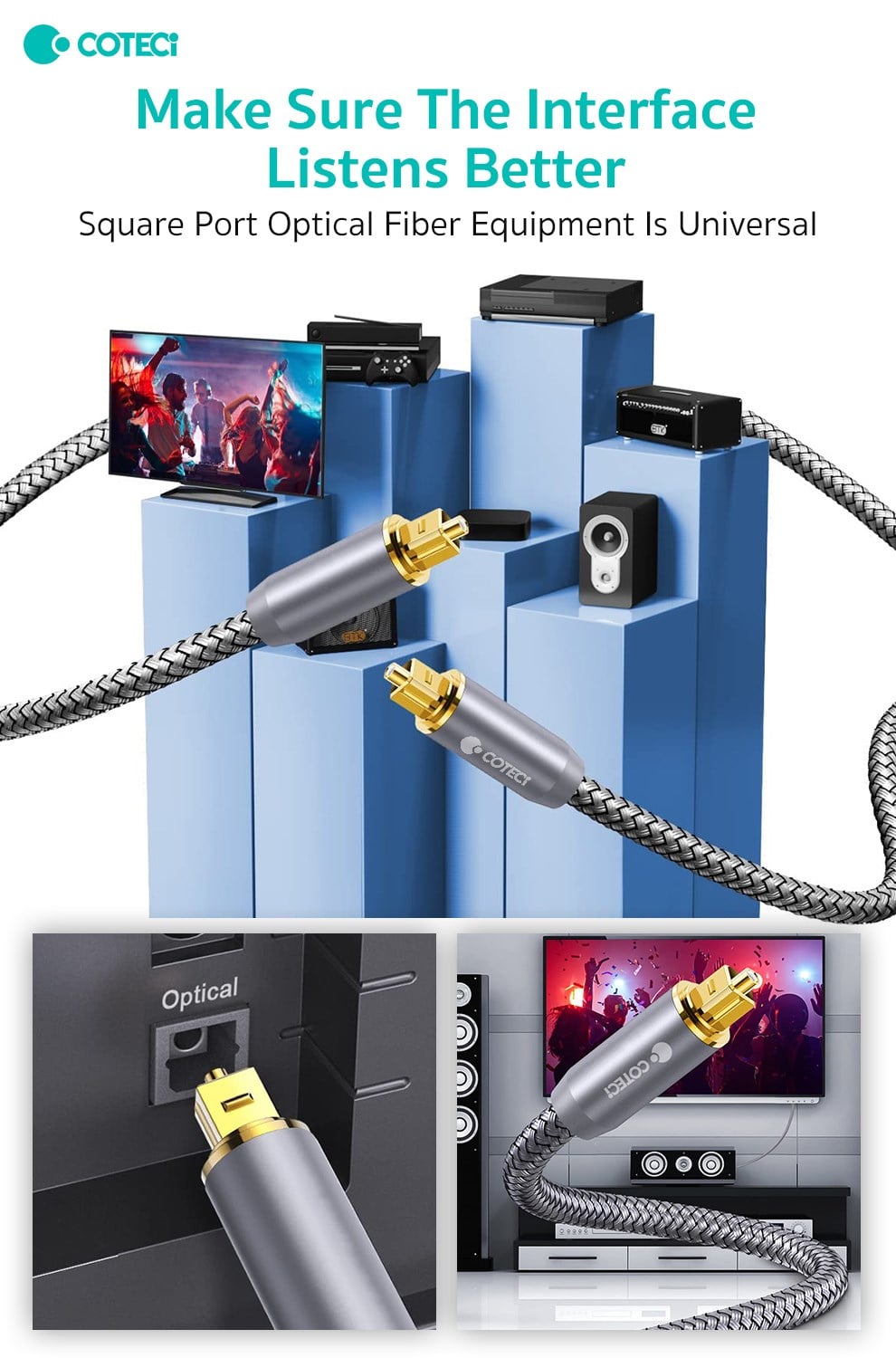 COTECi COTECi Premium Fiber Optik Ses Kablosu Naylon Örgülü TV, Soundbar ve Amfi İçin