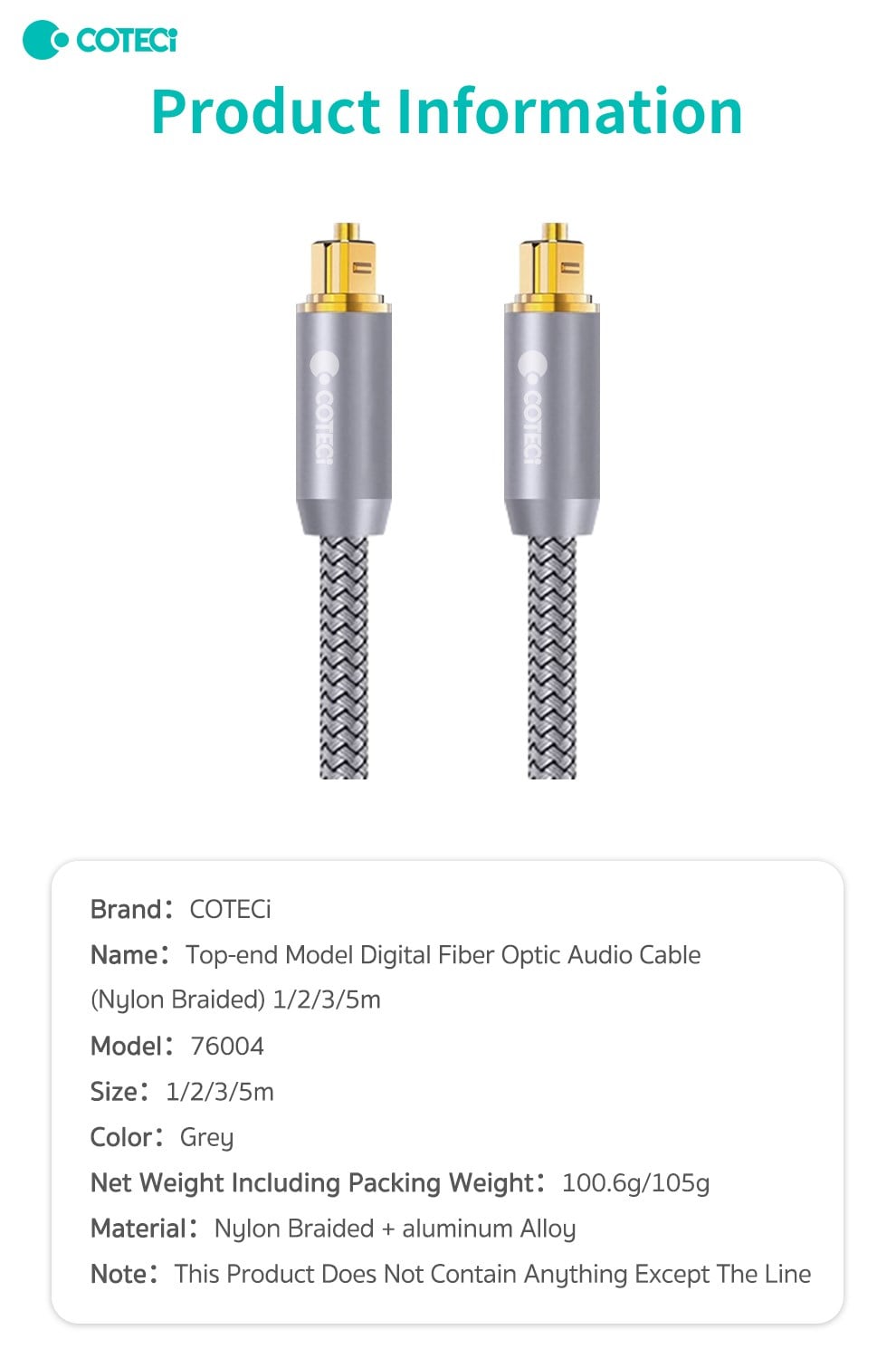 COTECi COTECi Premium Fiber Optik Ses Kablosu Naylon Örgülü TV, Soundbar ve Amfi İçin