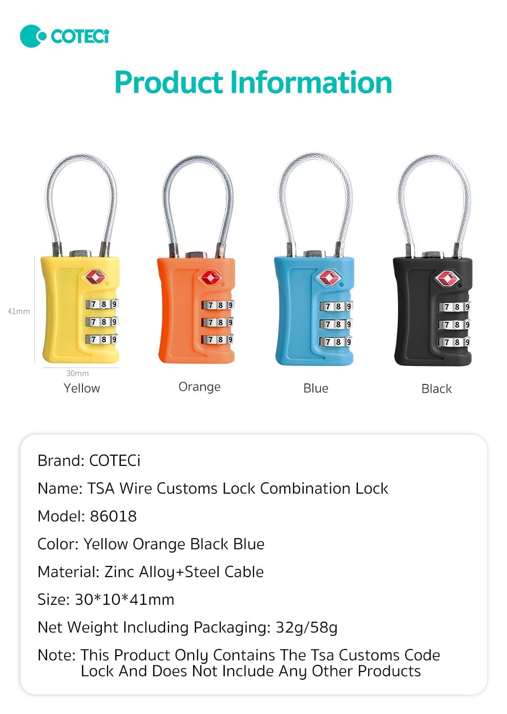 COTECi COTECi TSA Wire Customs Lock Şifreli Valiz ve Bagaj Kilidi