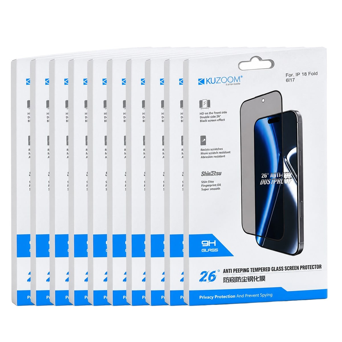 KUZOOM Kuzoom iPhone Duo Uyumlu 26° Anti-Peep Hayalet Temperli Cam Ekran Koruyucu 10'lu Paket