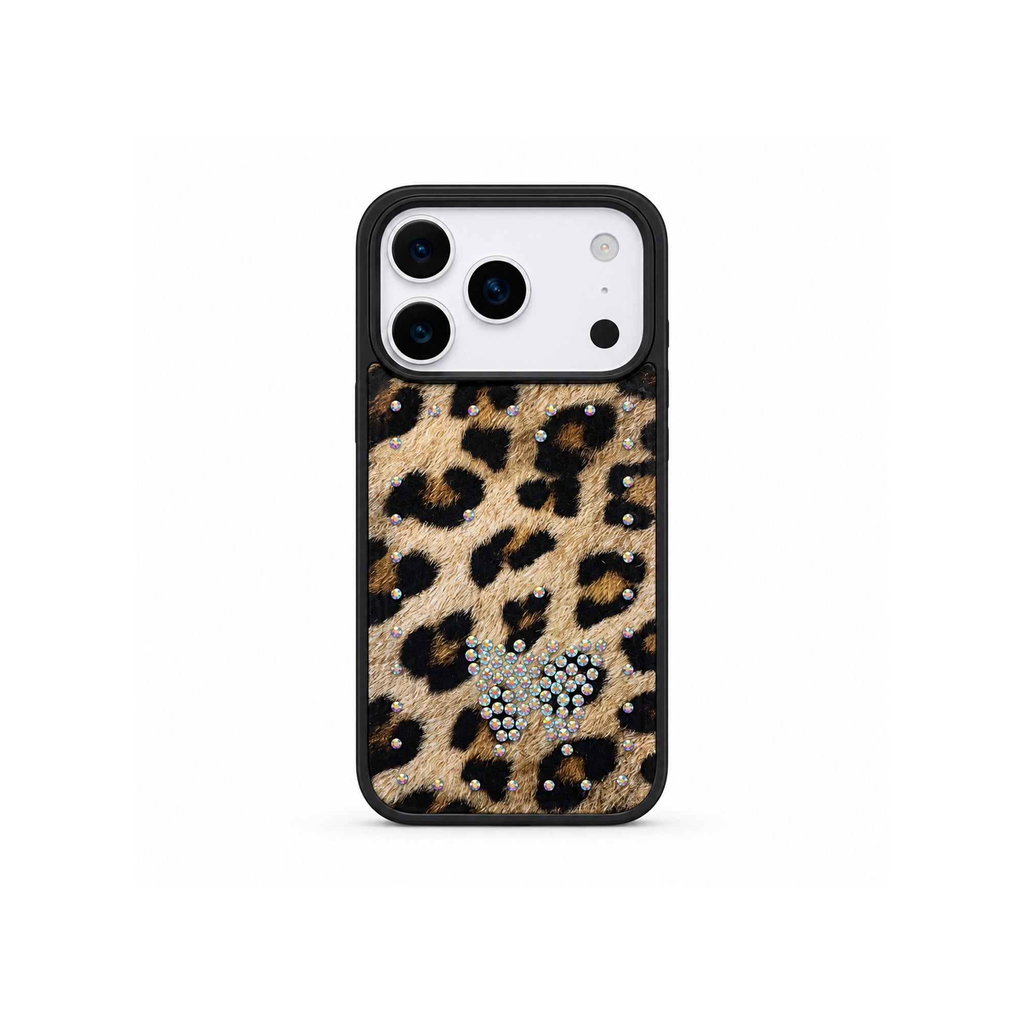 MOPAL iPhone 13 / 14 Uyumlu içi Kadife Leopar Desenli Taş İşlemeli Yeni Kılıf