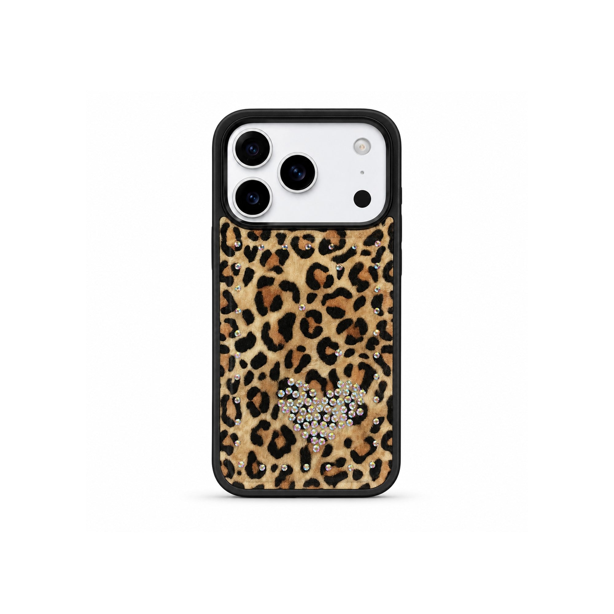 MOPAL iPhone 15 Pro Max Uyumlu içi Kadife Leopar Desenli Taş İşlemeli Yeni Kılıf
