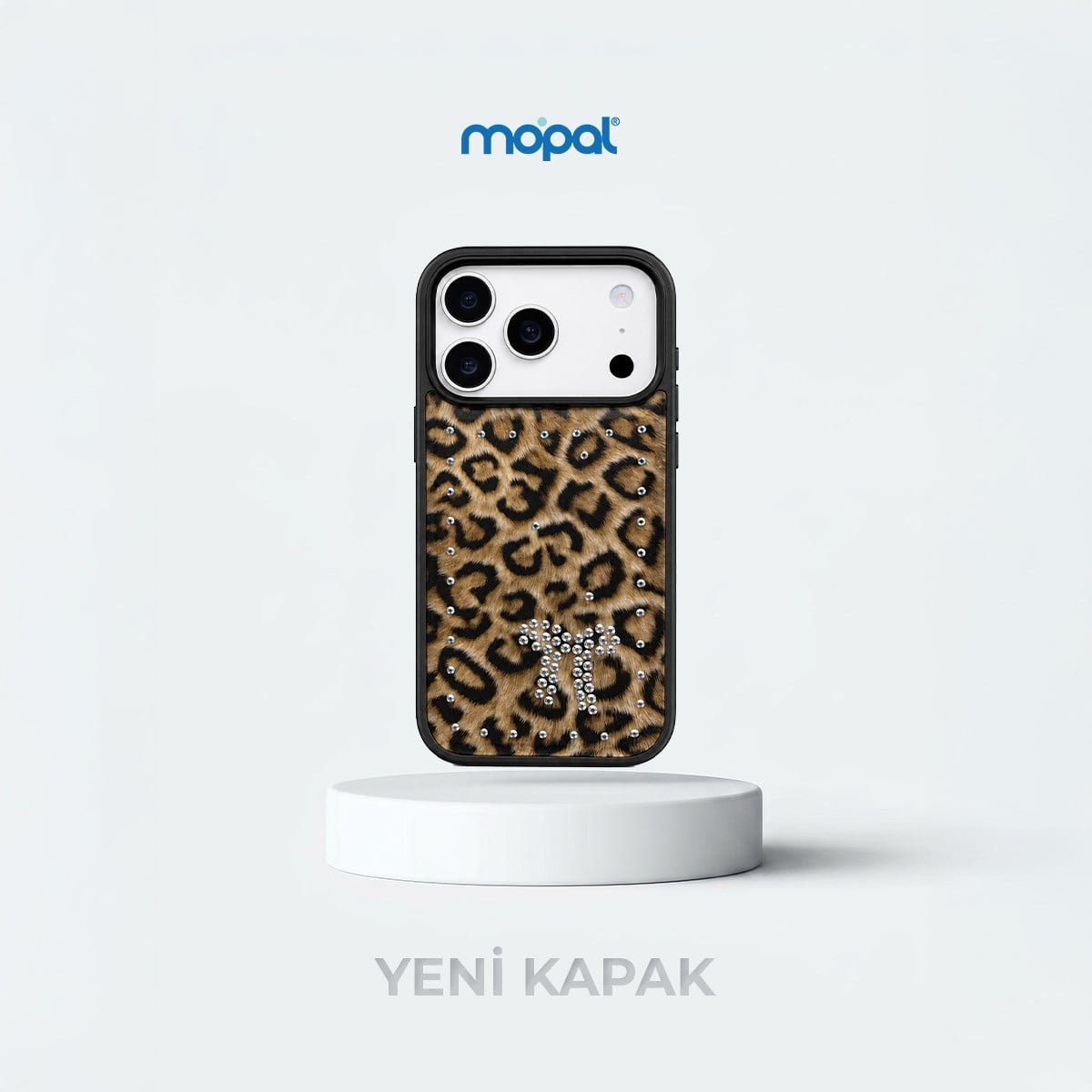 MOPAL iPhone 15 Pro Max Uyumlu içi Kadife Leopar Desenli Taş İşlemeli Yeni Kılıf