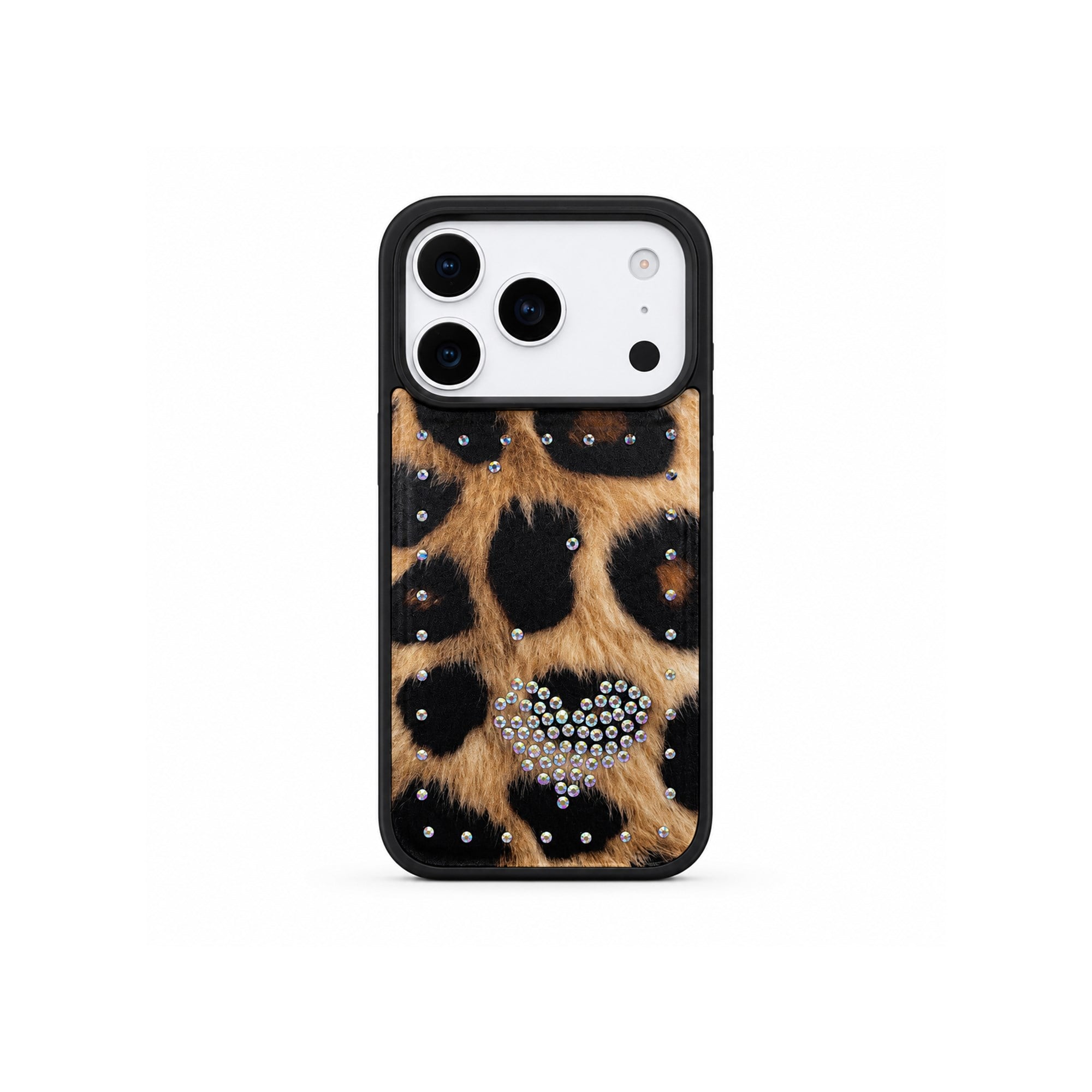 MOPAL iPhone 15 Uyumlu içi Kadife Leopar Desenli Taş İşlemeli Yeni Kılıf