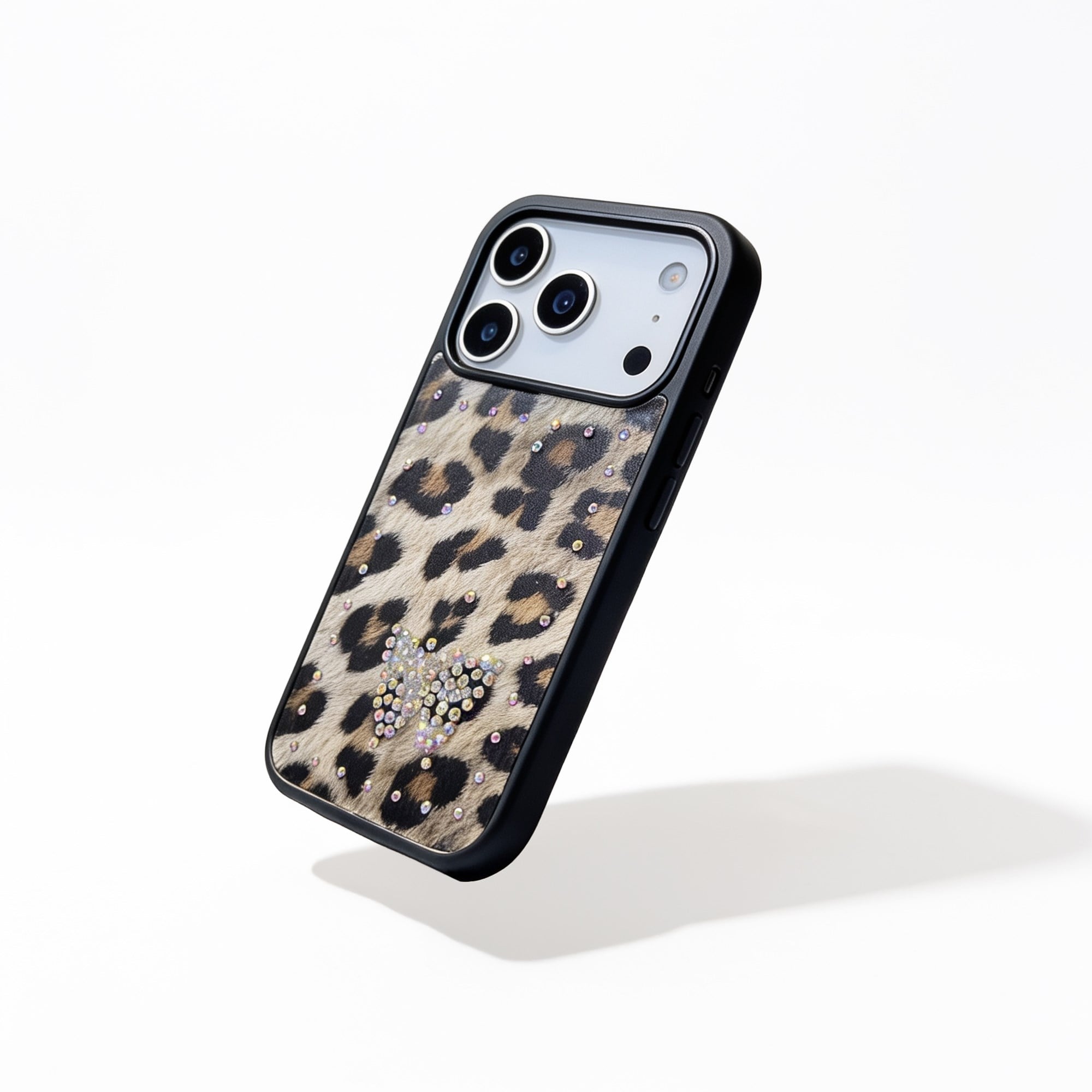 MOPAL iPhone 17/16E Uyumlu içi Kadife Leopar Desenli Taş İşlemeli Yeni Kılıf