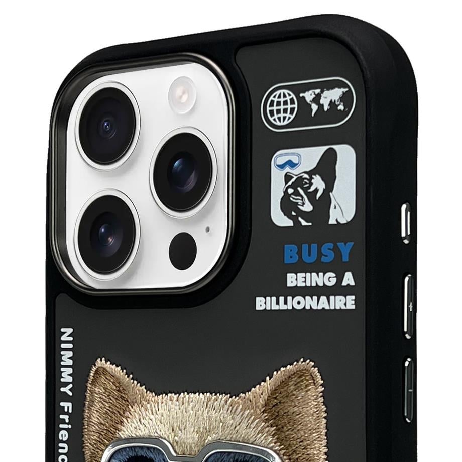 NIM iPhone 14 Pro Max 3D Gerçek Nakış İşlemeli Kabartmalı Gözlük Fermuar Mont Ayıcık Detaylı Cool Cute 2.0 Silikon Kılıf