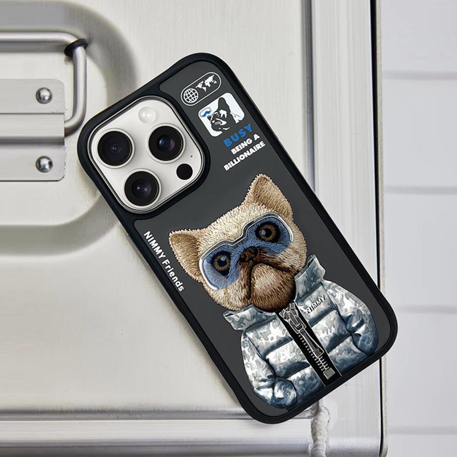 NIM iPhone 14 Pro Max 3D Gerçek Nakış İşlemeli Kabartmalı Gözlük Fermuar Mont Ayıcık Detaylı Cool Cute 2.0 Silikon Kılıf