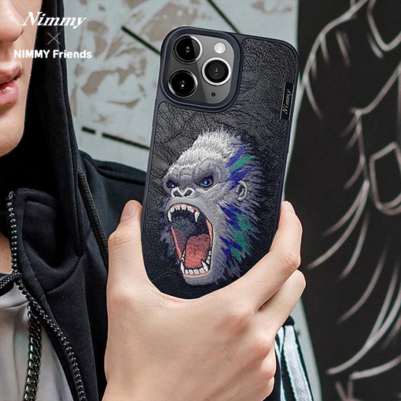 NIM iPhone 14 Pro Max 3D Suni Deri Üstüne Gerçek Nakış İşlemeli Dazzling 2.0 King Kong Silikon Kılıf