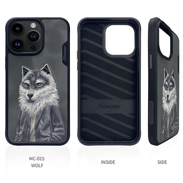 NIM iPhone 14 Pro Max Suni Deri Üstüne Gerçek Nakış İşlemeli Kıyafet Kurt Detaylı 3D Fashion Pet Wolf Kılıf