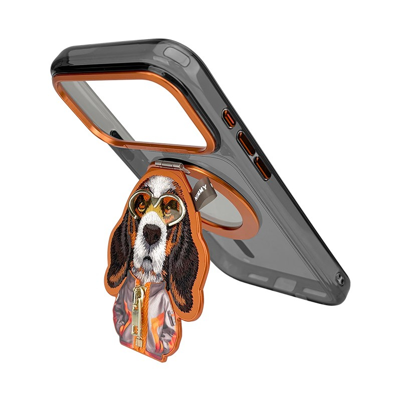 NIMMY 18 Pro Max Uyumlu Kılıf MagSafe Özellikli Nakışlı Köpek Standlı Fermuar Detaylı Nimmy Telefon Kılıfı
